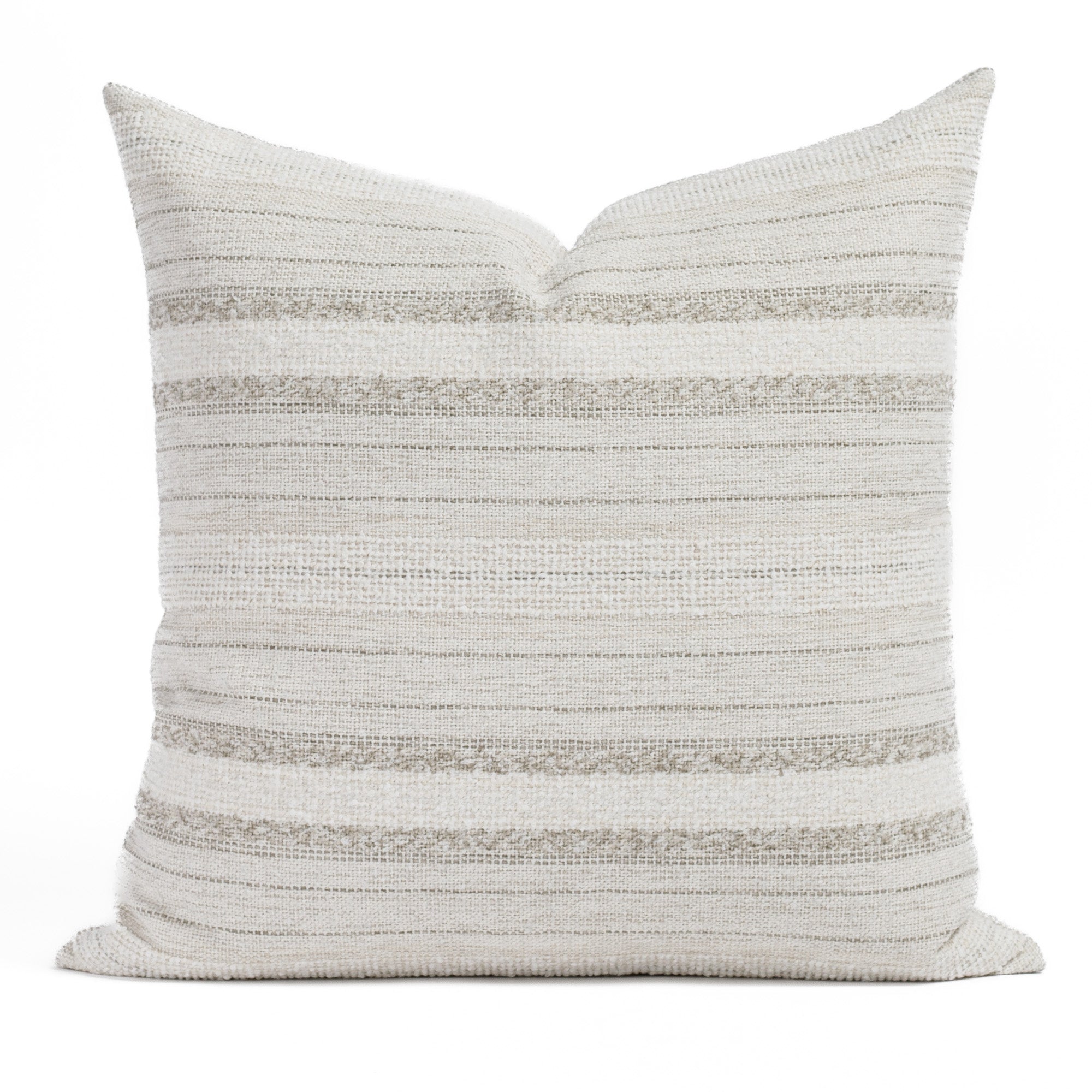 Acadia Stripe Salt 22x22, an oatmeal beige, soft white and earthy grey pillow with bouclé stripes, from Tonic Living.