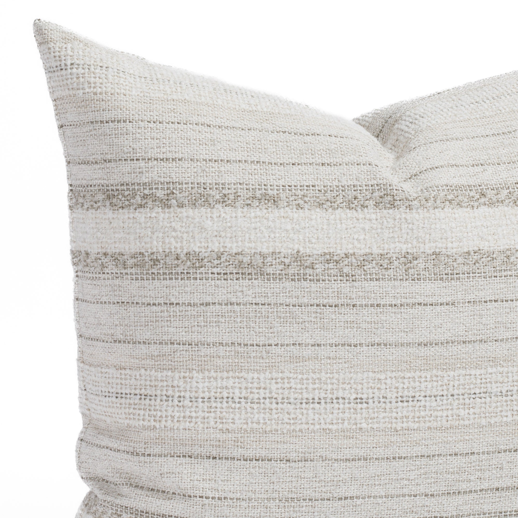 Acadia Salt, a white and warm grey striped throw pillow from Tonic Living: close up view.