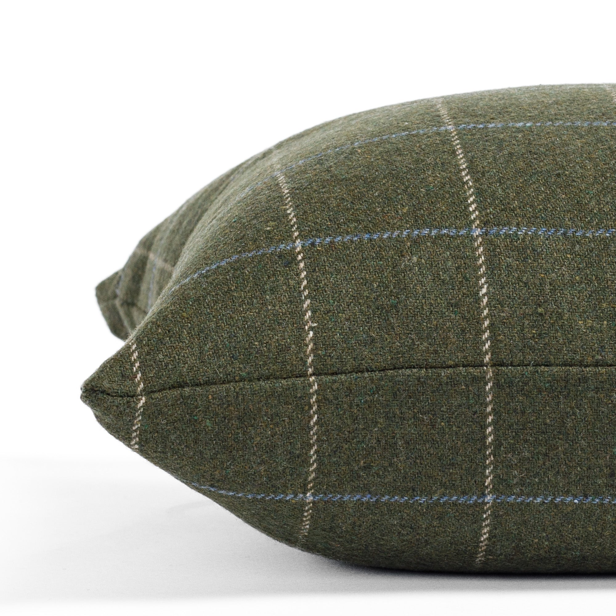 Moss green windowpane patterned lumbar pillow : close up side view