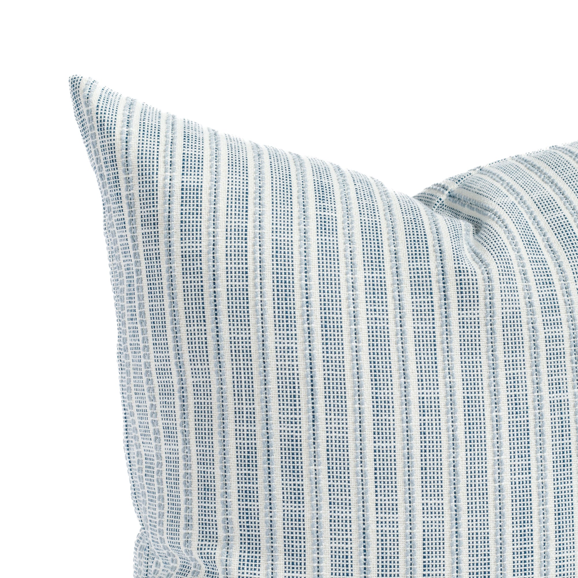 a blue and white stripe outdoor throw pillow : close up view