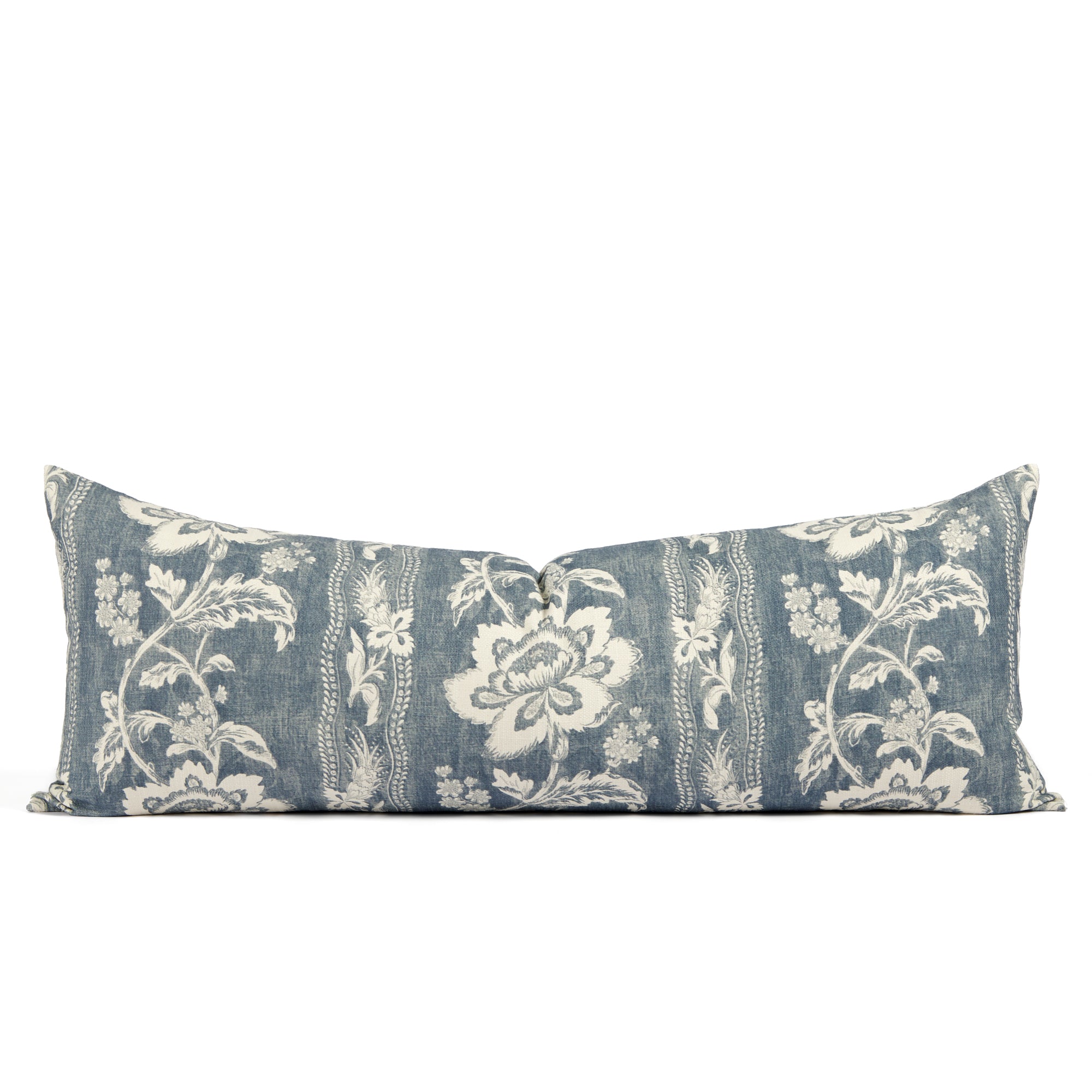 Tonic Living Ashford 16x42 bolster pillow in Denim featuring a chambray blue and white floral vine pattern.