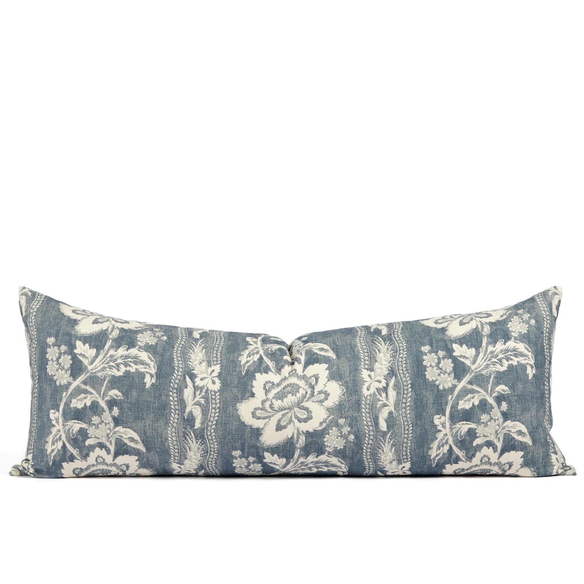 Tonic Living Ashford 16x42 bolster pillow in Denim featuring a chambray blue and white floral vine pattern.