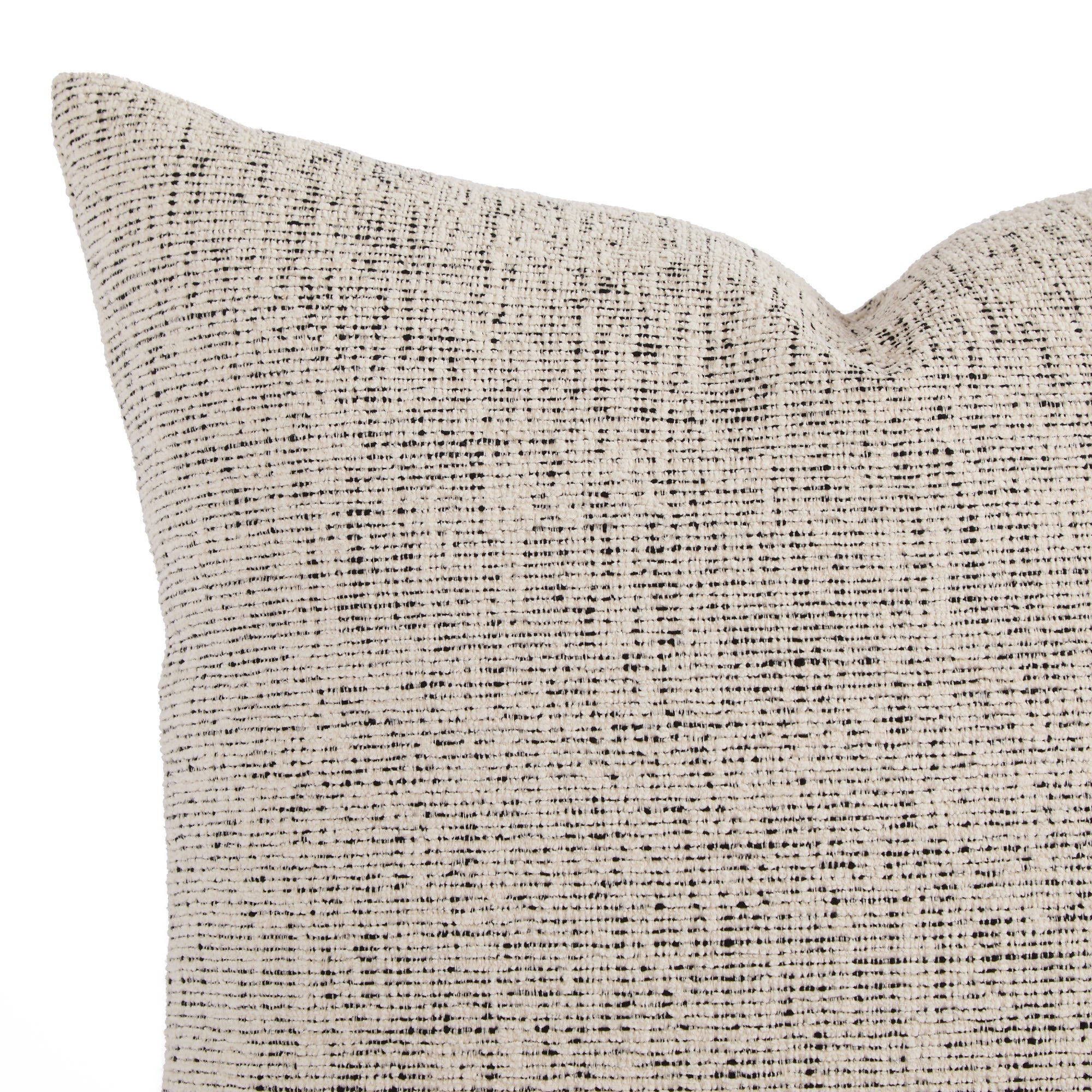 Close up of Atlas 22x22 indoor-outdoor decorative cushion in off-white and black textured stripe, Tonic Living.