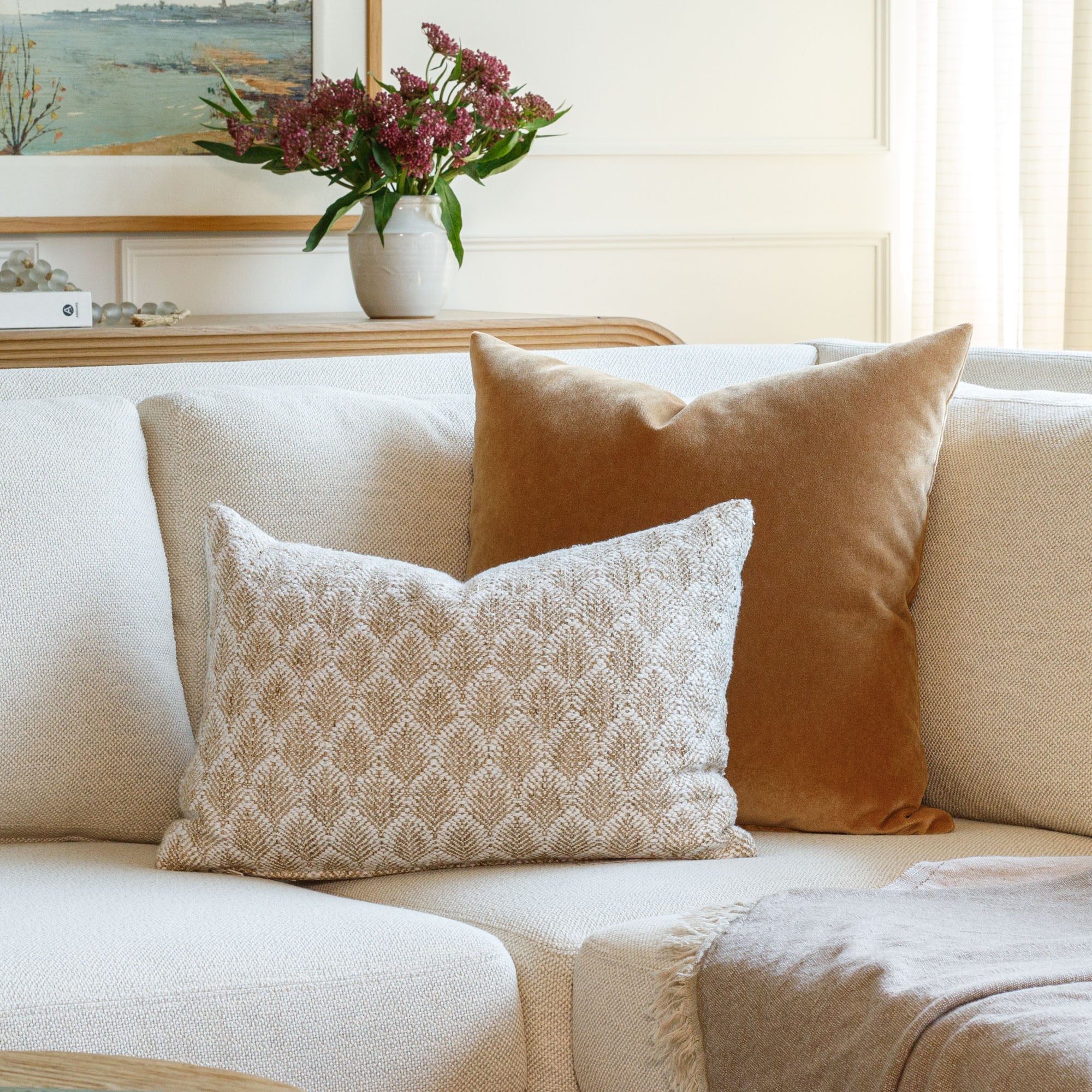 Neutral cream & camel textured toss pillows from Tonic Living