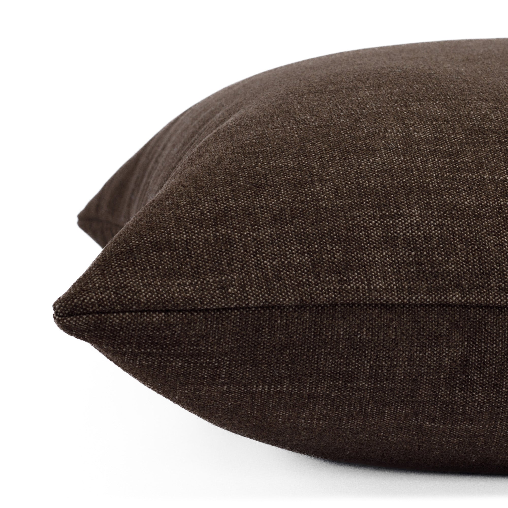 Side angle of Bedford Coffee accent pillow in deep brown with a finely brushed chenille finish from Tonic Living.