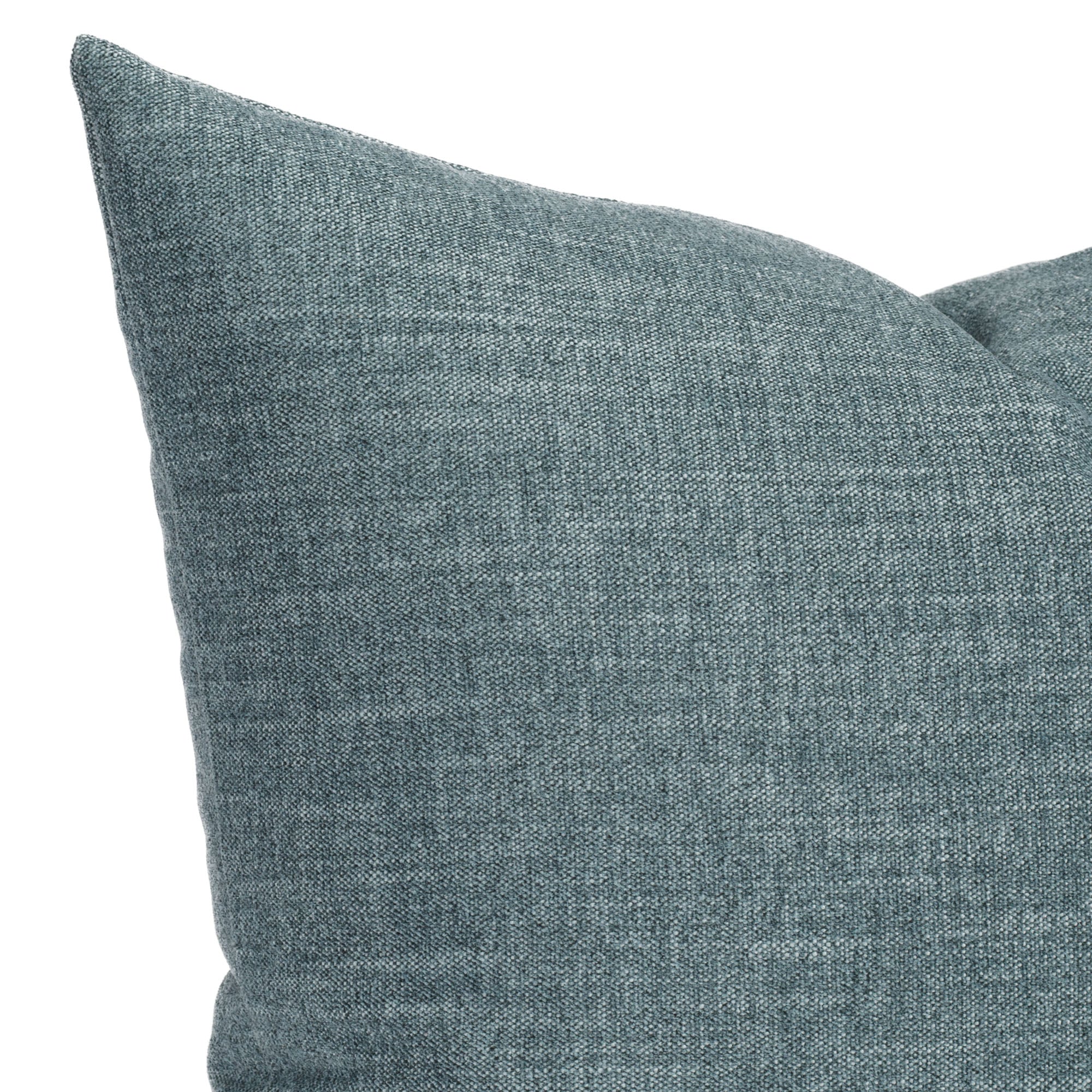 Close up of Bedford 22x22 decorative cushion in medium denim blue showing brushed chenille texture.