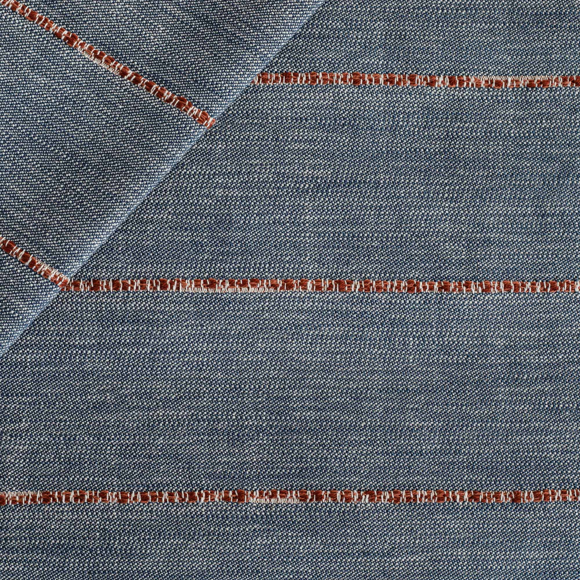 a navy blue with a chunky rust red stripe upholstery fabric