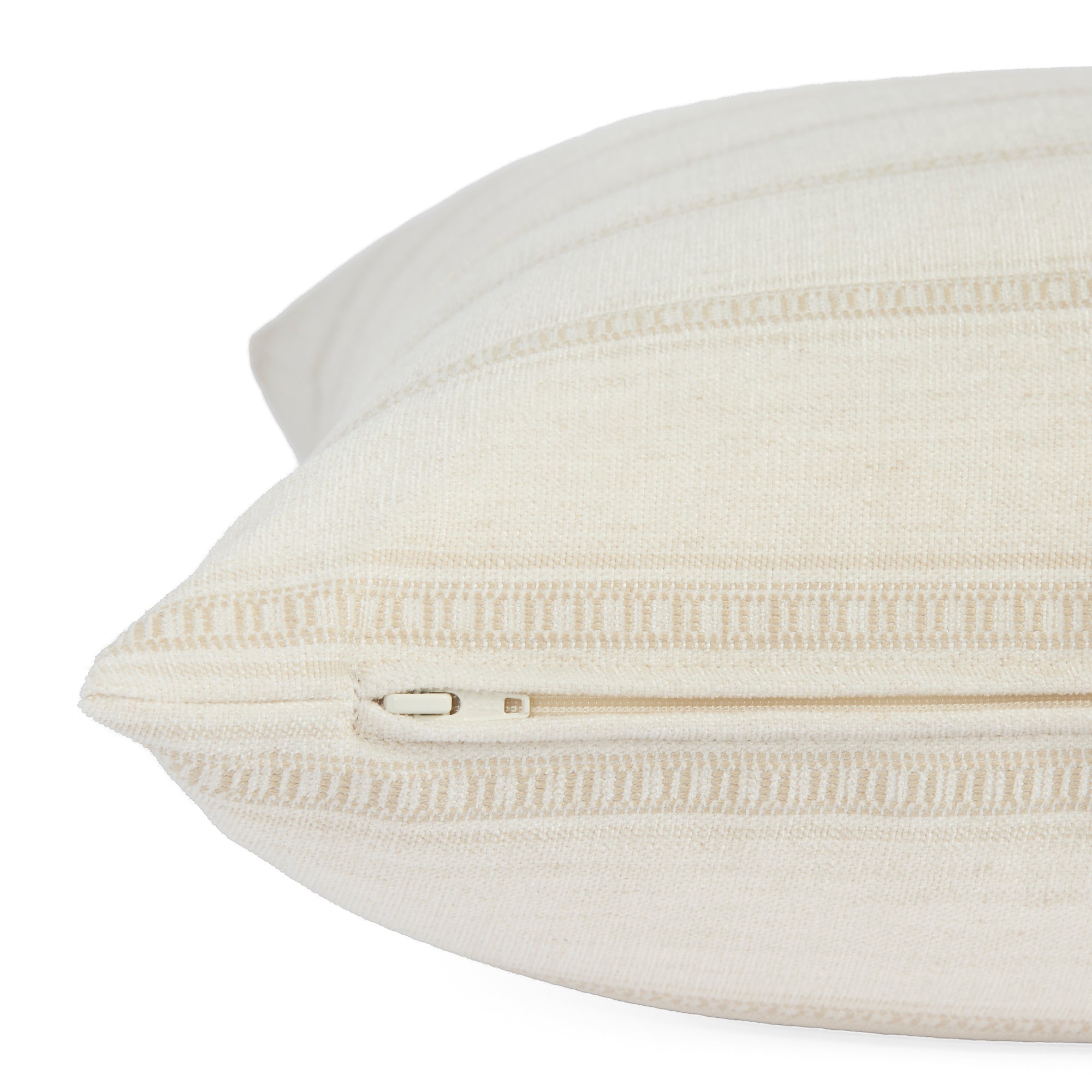 Detail of Tonic Living Brunswick Stripe 20x20 cushion in Parchment showing the discreet side zipper.