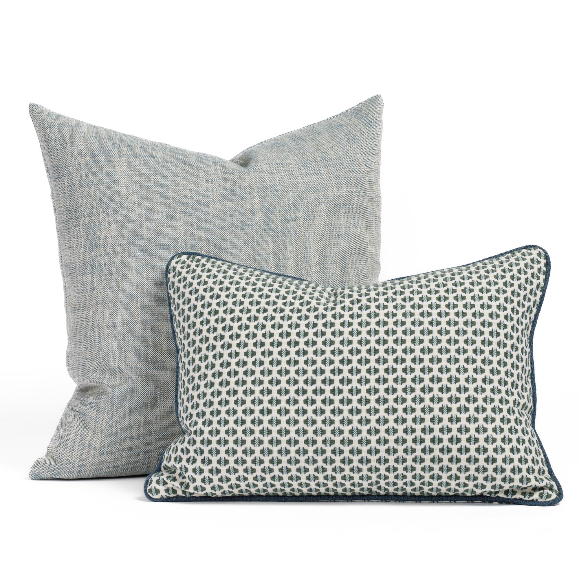 Brussels Sky Blue 22x22 pillow paired with Kensington Lagoon 14x20 patterned lumbar pillow from Tonic Living.