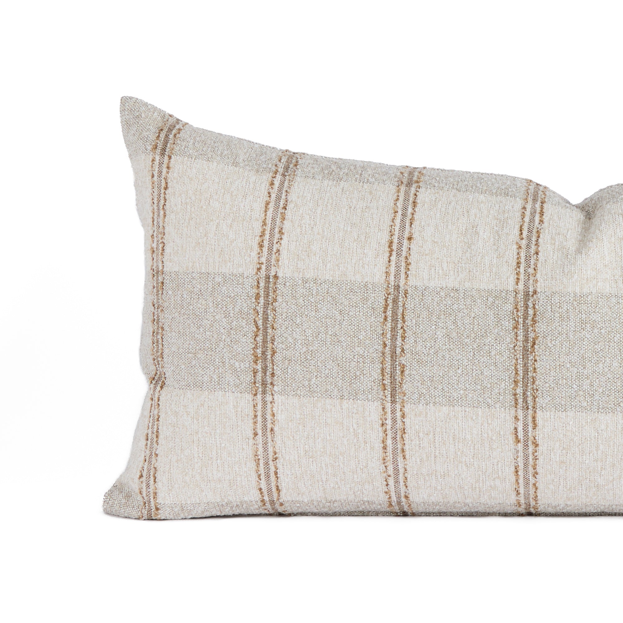 Close up of Buckley Wheat 15x32 decorative lumbar cushion in soft neutral plaid – Tonic Living