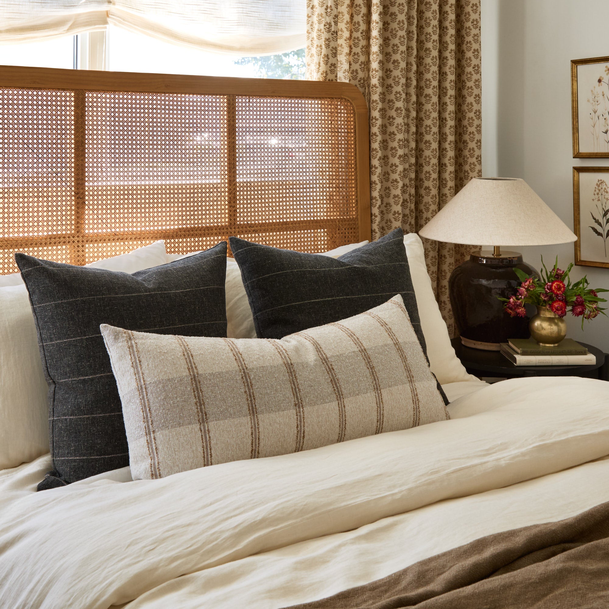 Bed styled with Buckley Wheat XL lumbar pillow and Dunrobin Stripe Sable grey pillows – Tonic Living