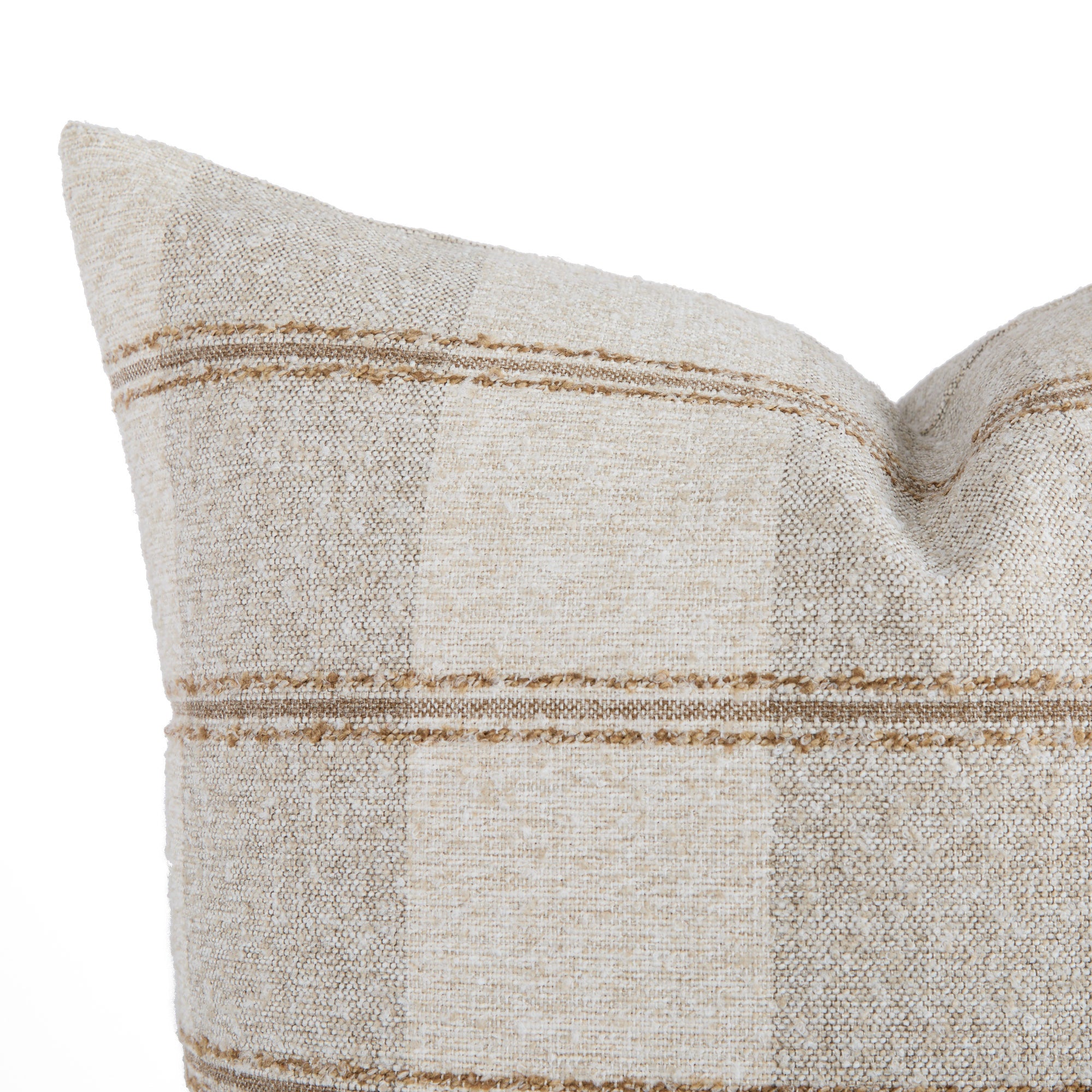 Close up of Buckley Wheat decorative cushion showing soft woven plaid texture – Tonic Living