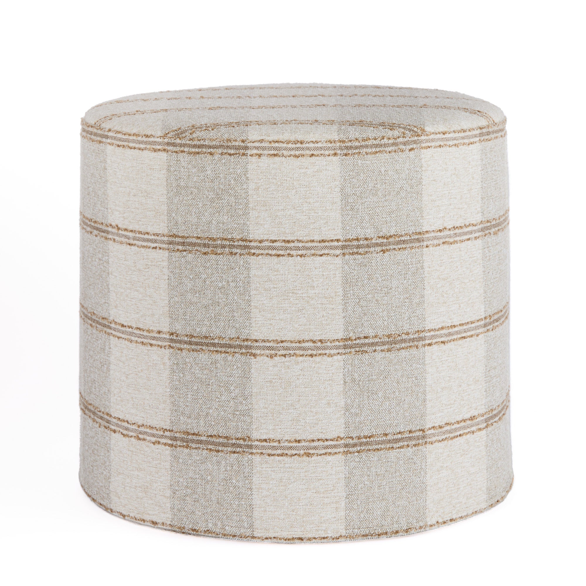 Buckley Wheat 18x16 round ottoman in neutral plaid check fabric – Tonic Living
