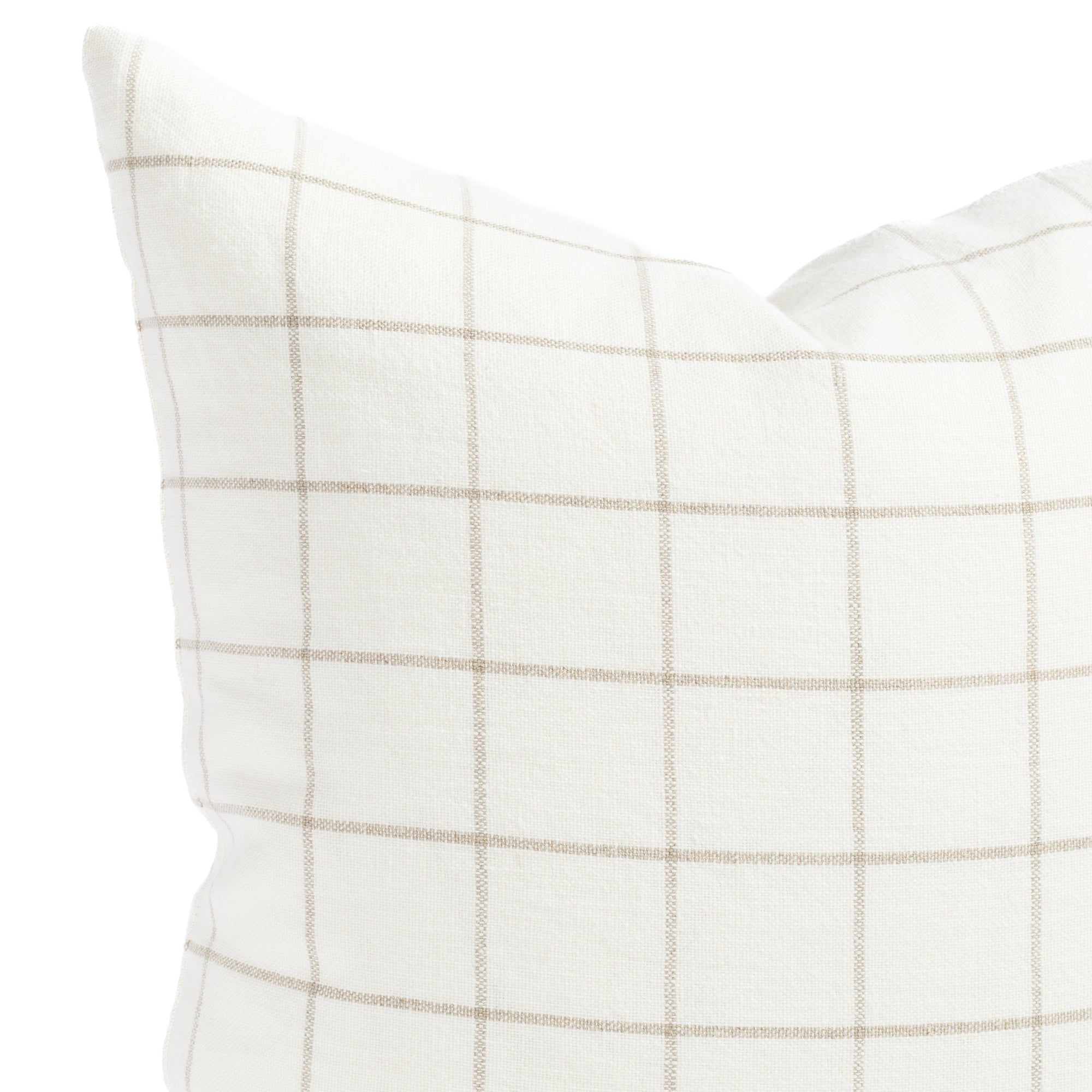a cream and beige windowpane linen throw pillow : close up view