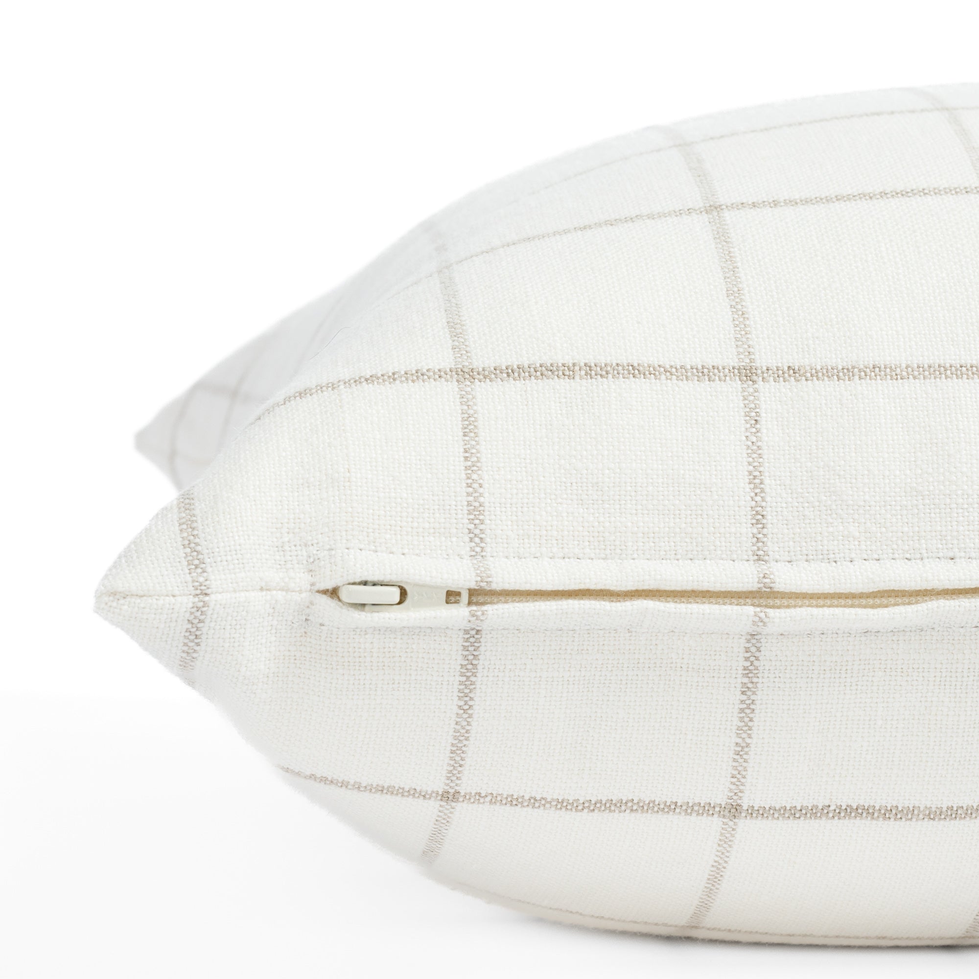 a cream and beige windowpane linen throw pillow : zipper  view