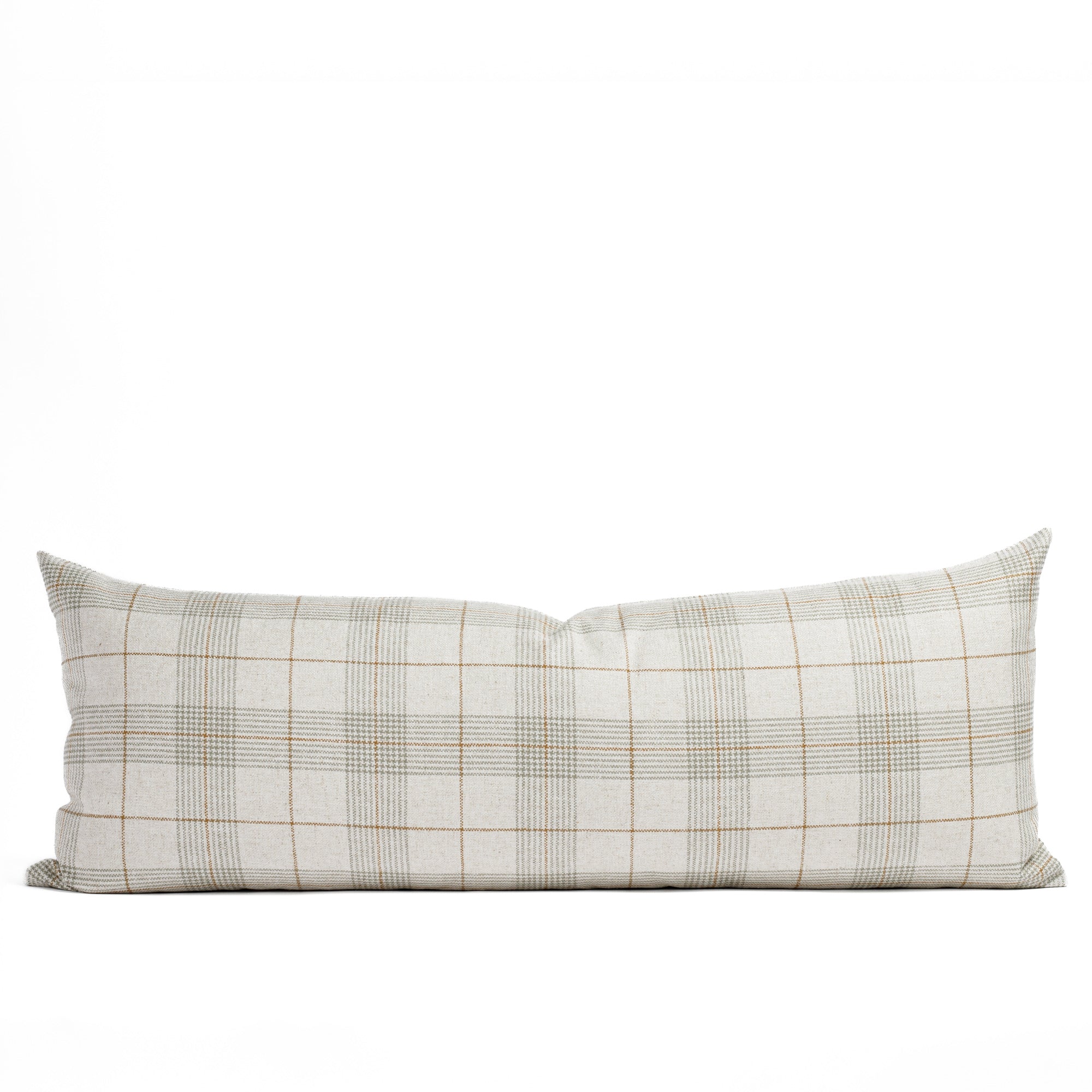 Cabot Plaid Sage 16x42 Bolster Pillow, an oatmeal, sage green and caramel plaid bed pillow from Tonic Living.