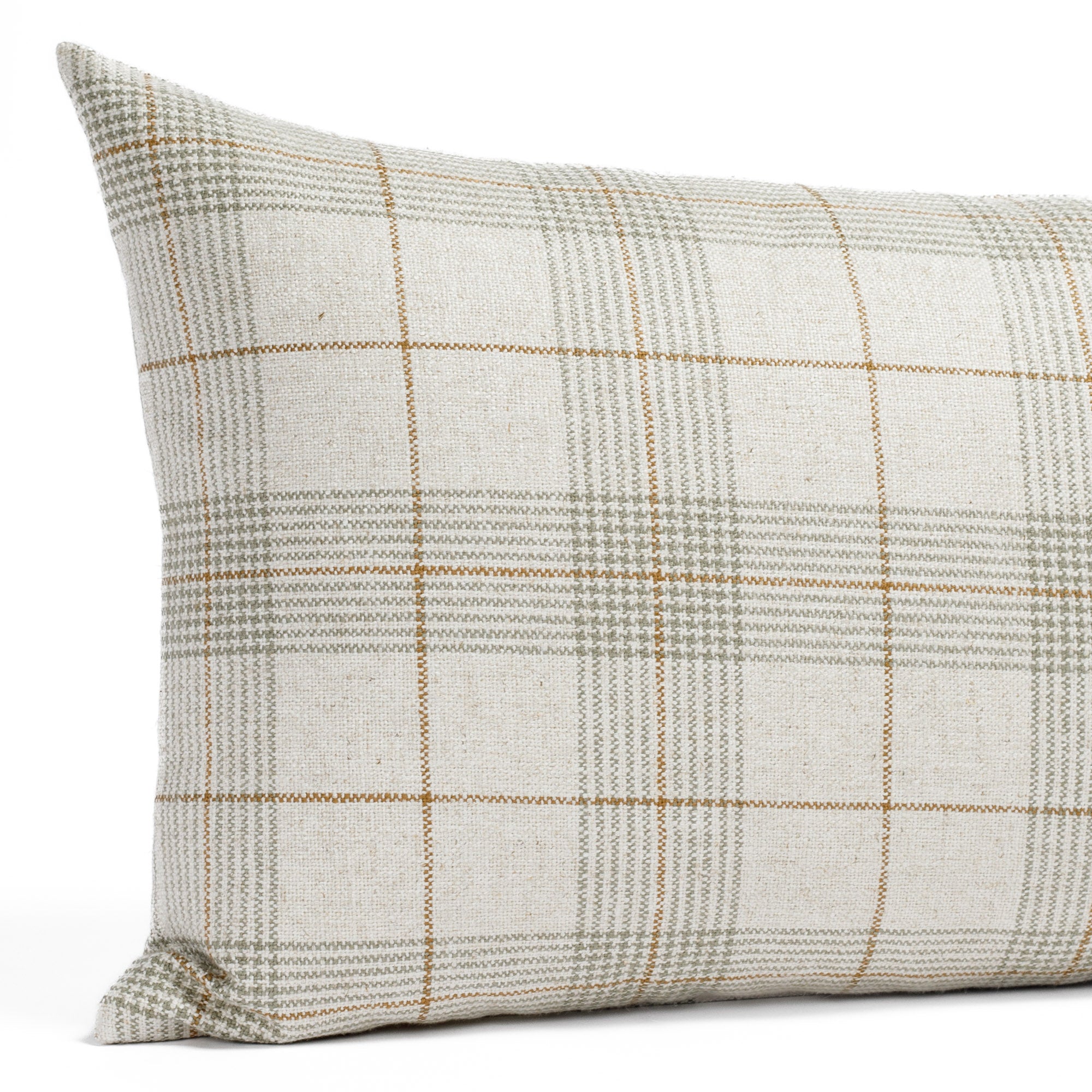 Cabot Plaid, a beige, sage green and light brown bed bolster pillow from Tonic Living: close up view.