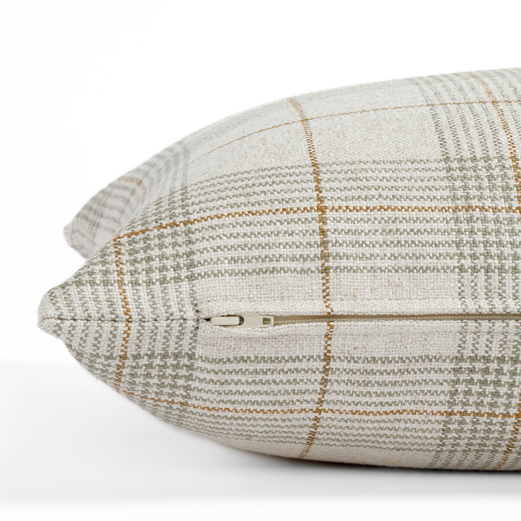 Cabot Plaid Sage 16x42 Bolster Pillow, an oatmeal, light green and caramel bed bolster pillow from Tonic Living: side zipper view.