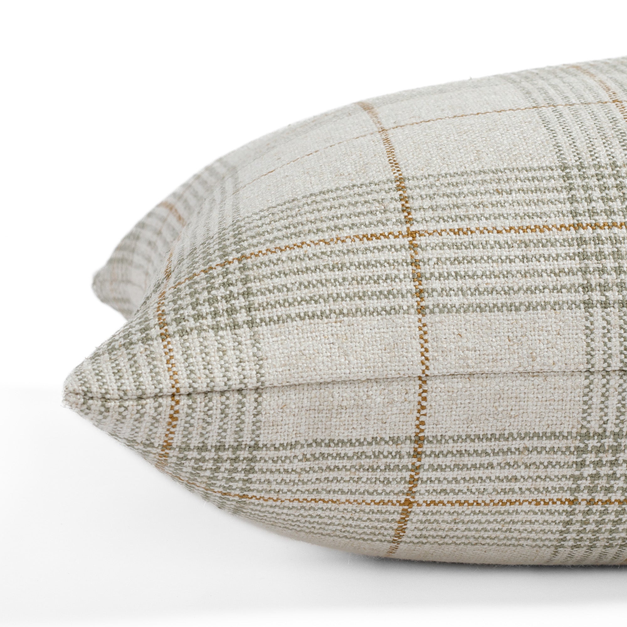 Cabot Plaid Sage 16x42 Bolster Pillow, a soft beige, sage green and light brown plaid pillow from Tonic Living: close up side view.