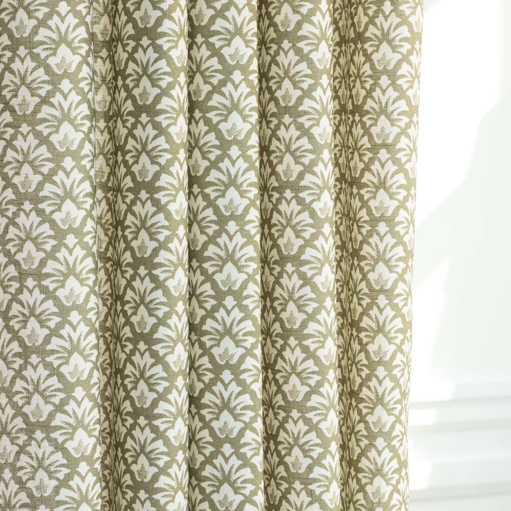 a green and cream floral block print curtain fabric from Tonic Living 
