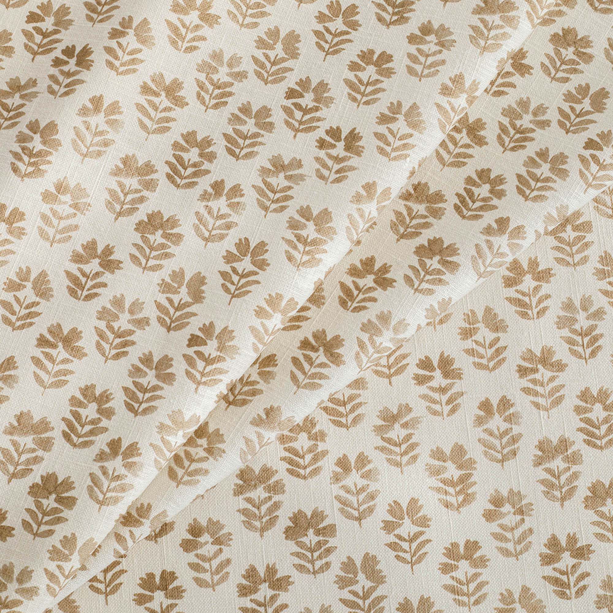 Carmel Fabric Parchment, an earthy oatmeal and brown floral block print drapery fabric from Tonic Living
