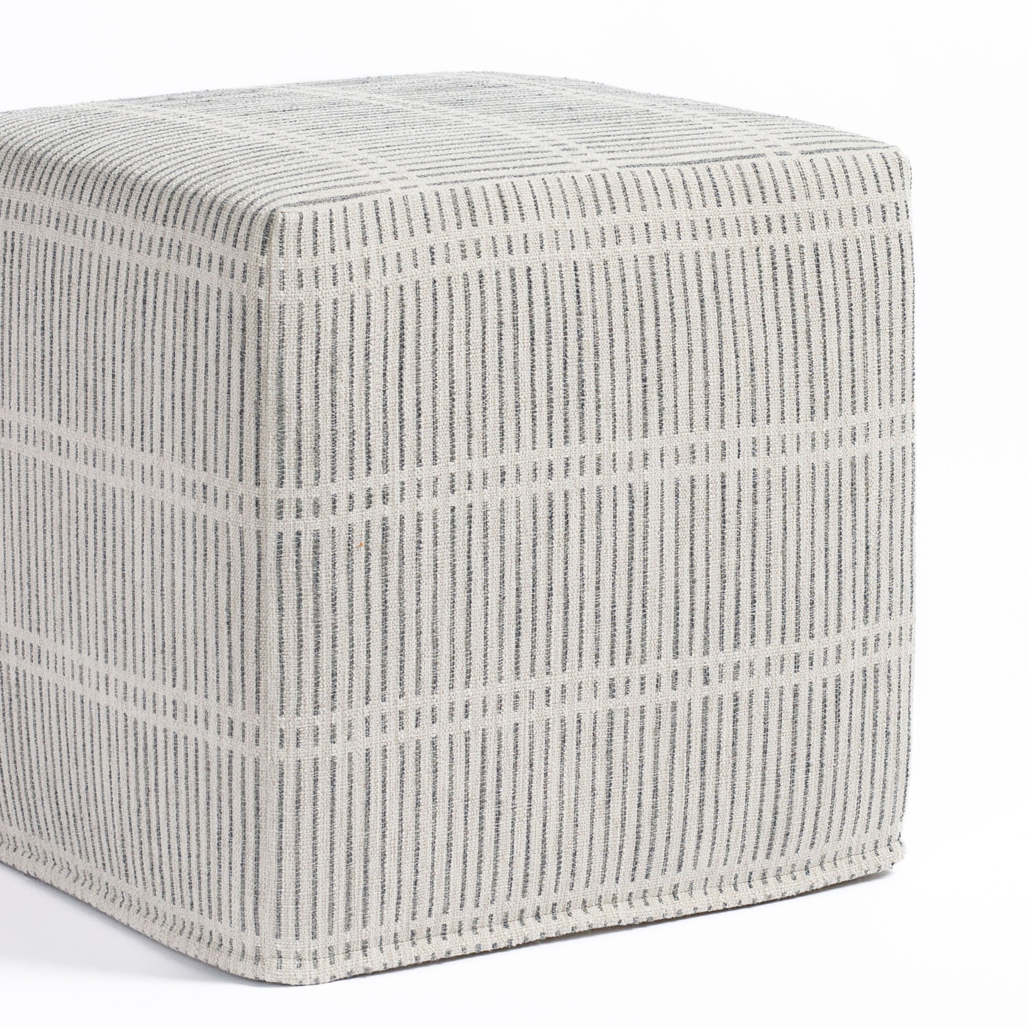 a greige and stone blue dash stripe fabric cube ottoman : front view 2
