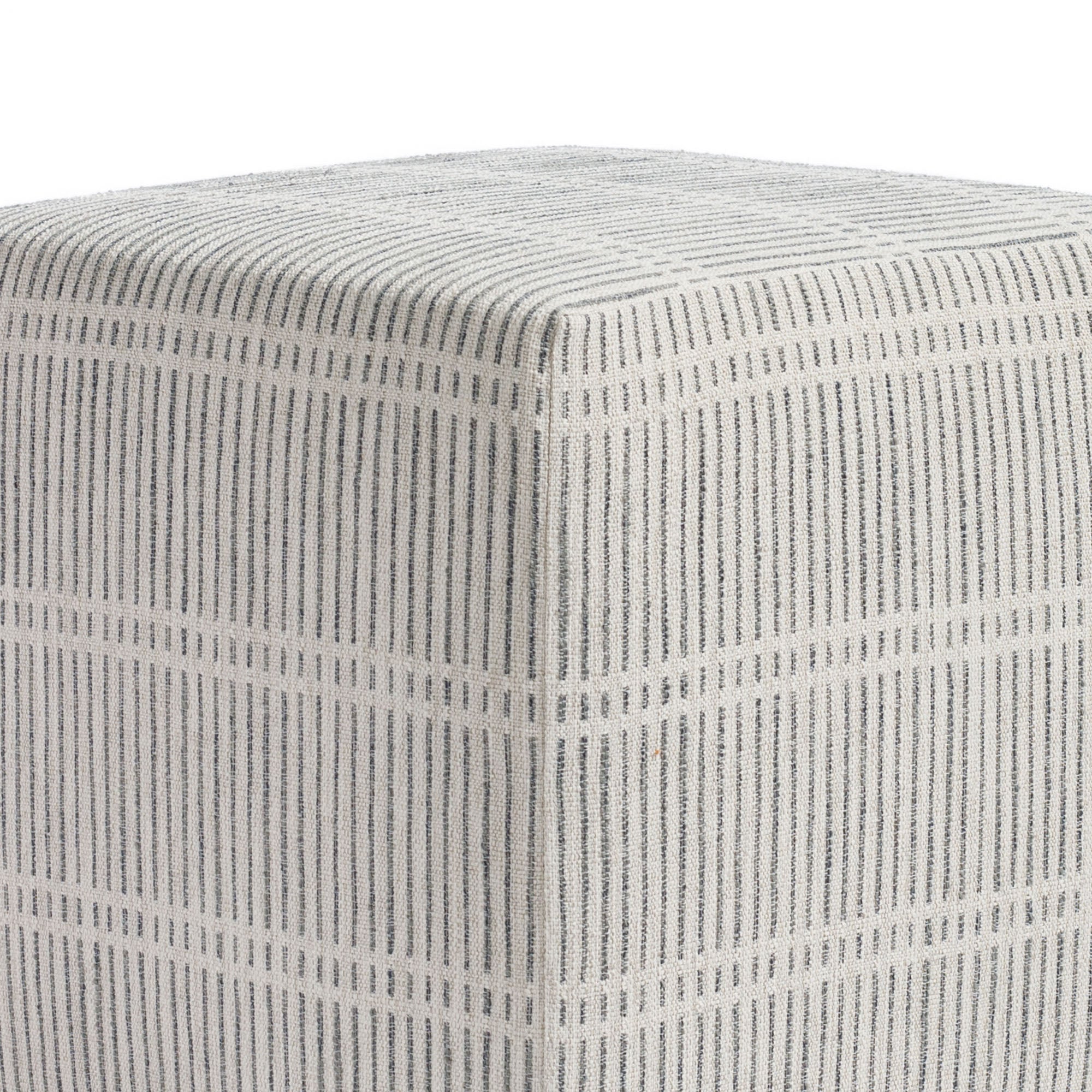a greige and stone blue dash stripe fabric cube ottoman : view 3