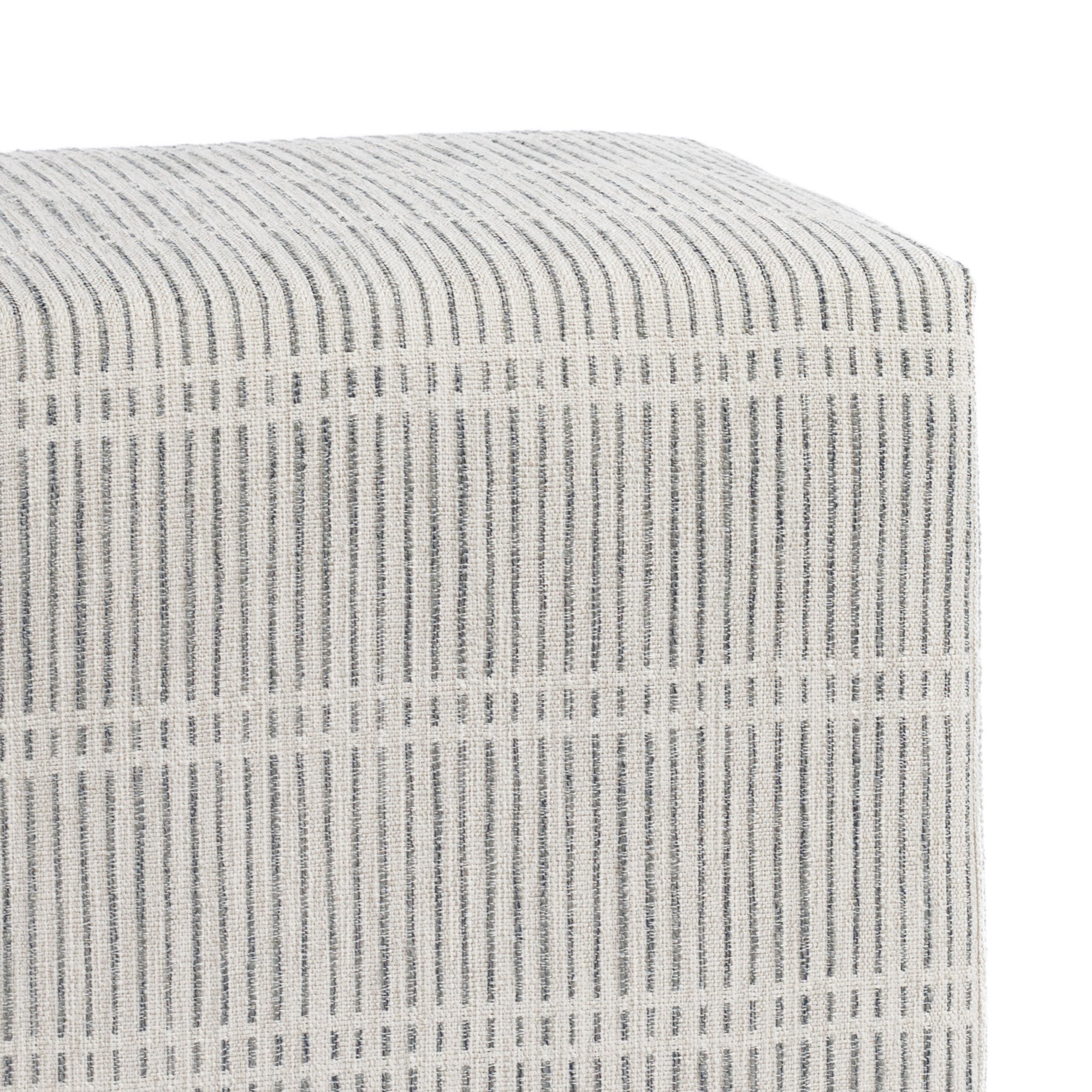 a greige and stone blue dash stripe fabric cube ottoman : view 4