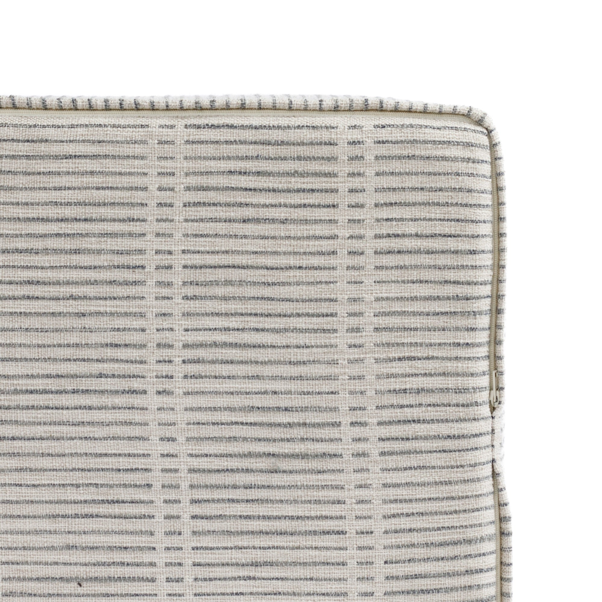 a greige and stone blue dash stripe fabric cube ottoman : bottom view