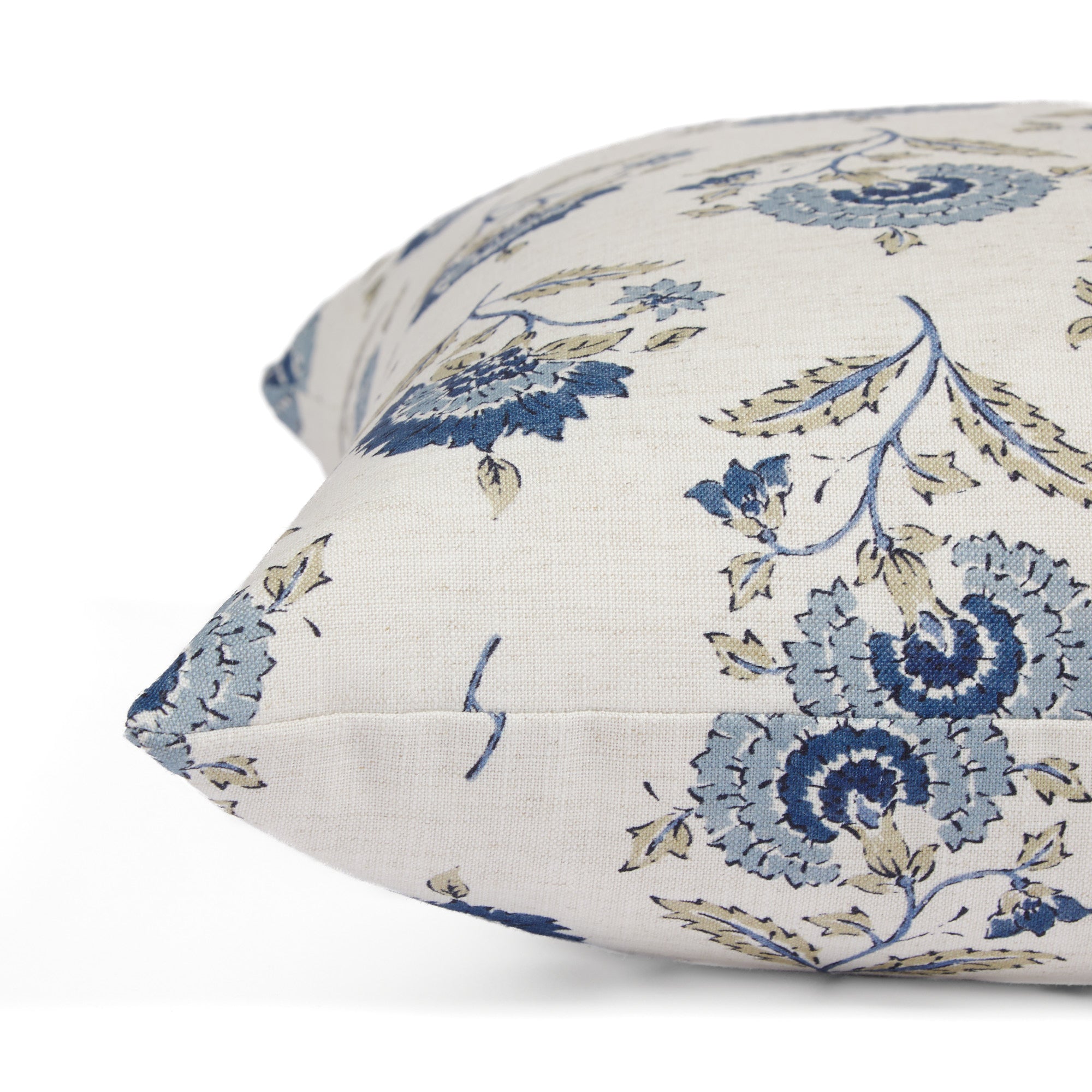 Side view of Tonic Living Clara Denim decorative pillow highlighting its heritage floral block print pattern.