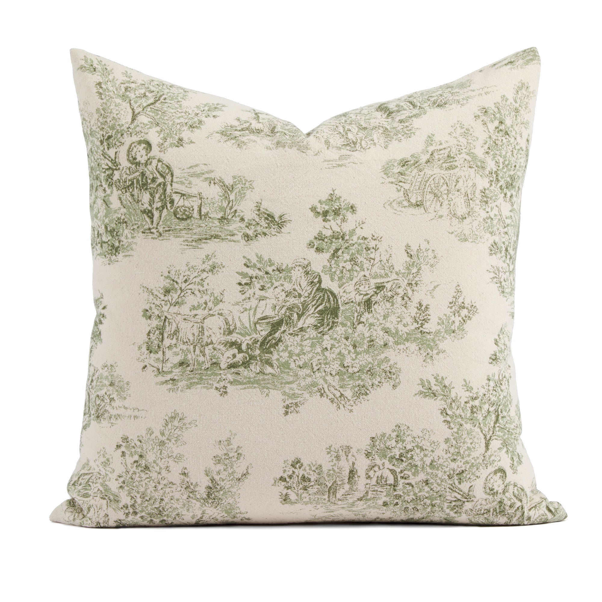 Tonic Living Colette 20x20 pillow in Forest Green, a dark green and natural French toile throw pillow with scenic pastoral print.