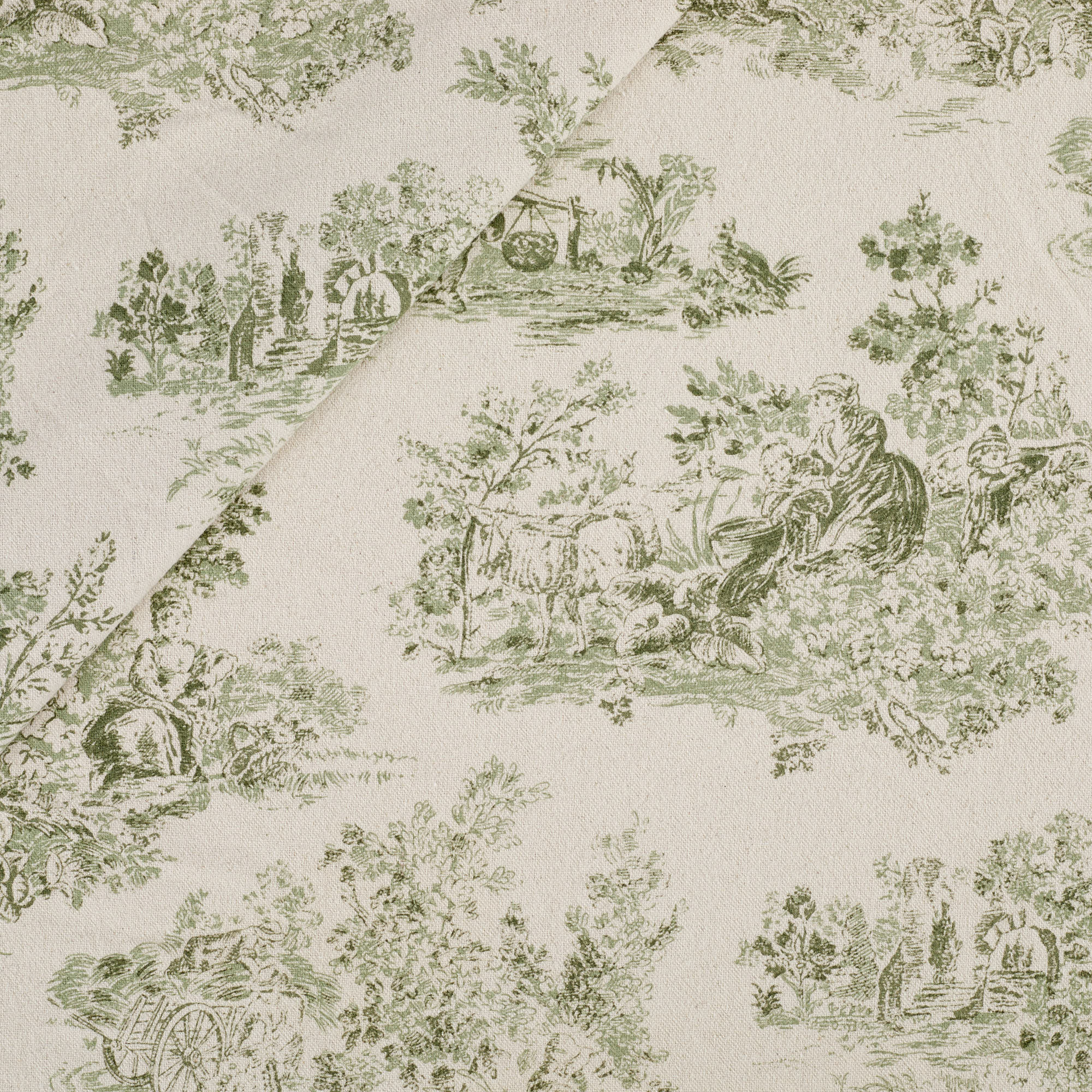 Tonic Living Colette Fabric in Forest Green, a dark green and beige French toile upholstery and drapery fabric with scenic pastoral print.