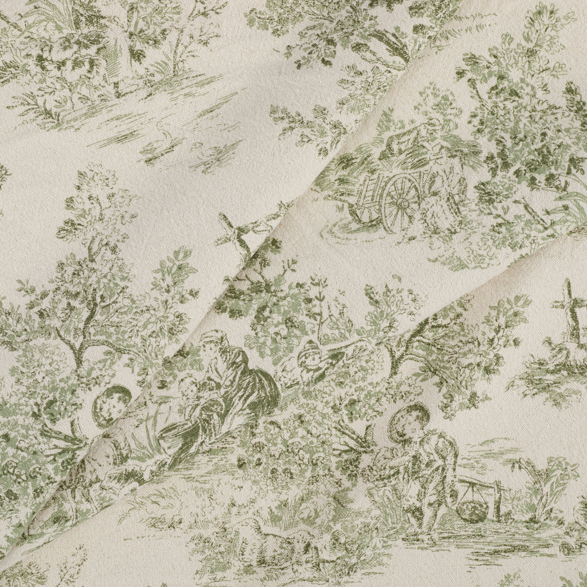 Tonic Living Colette Forest Green drapery fabric with softly faded pastoral scenes in dark green and natural tones.