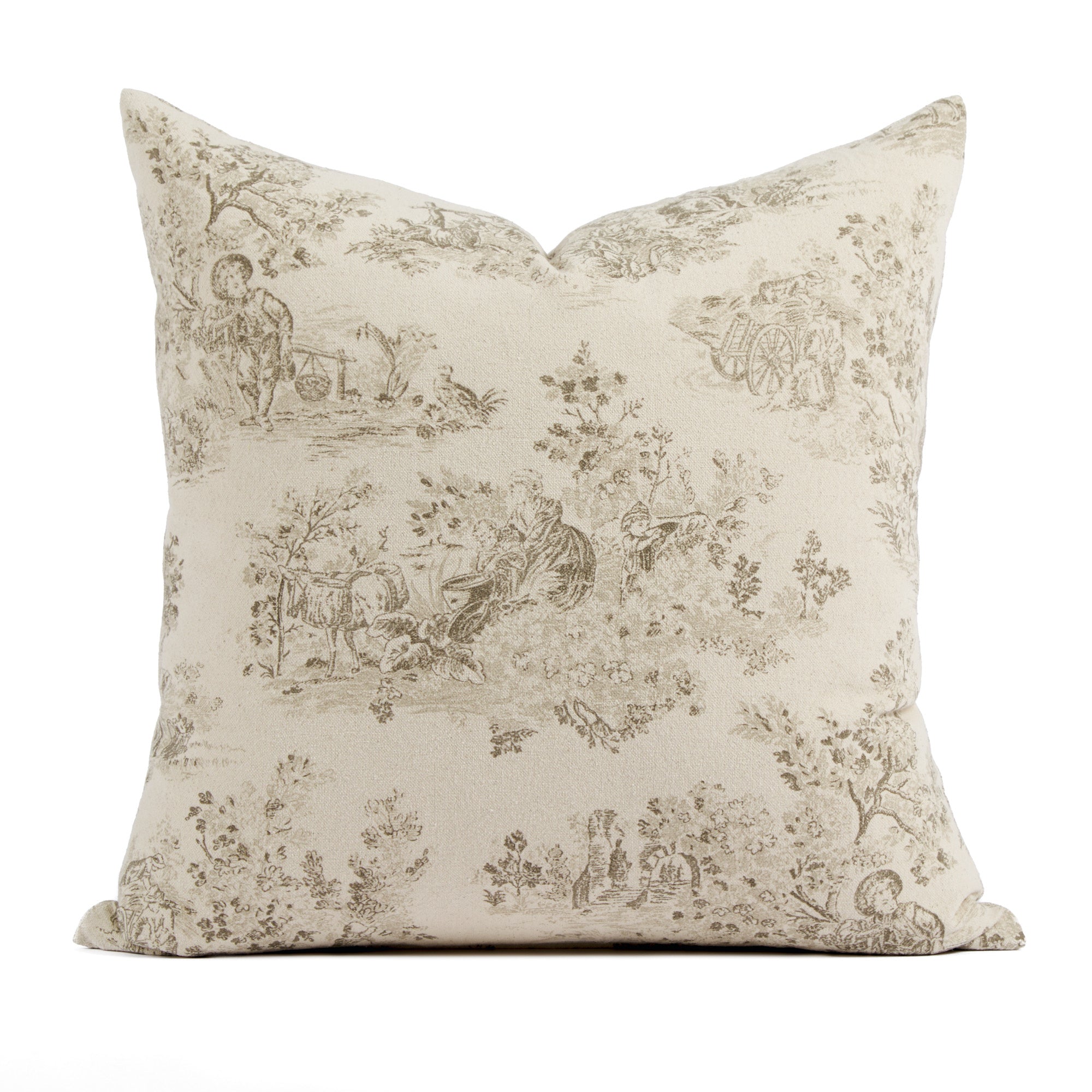 Tonic Living Colette 20x20 pillow in Portobello, a brown and natural French toile throw pillow with scenic pastoral print.