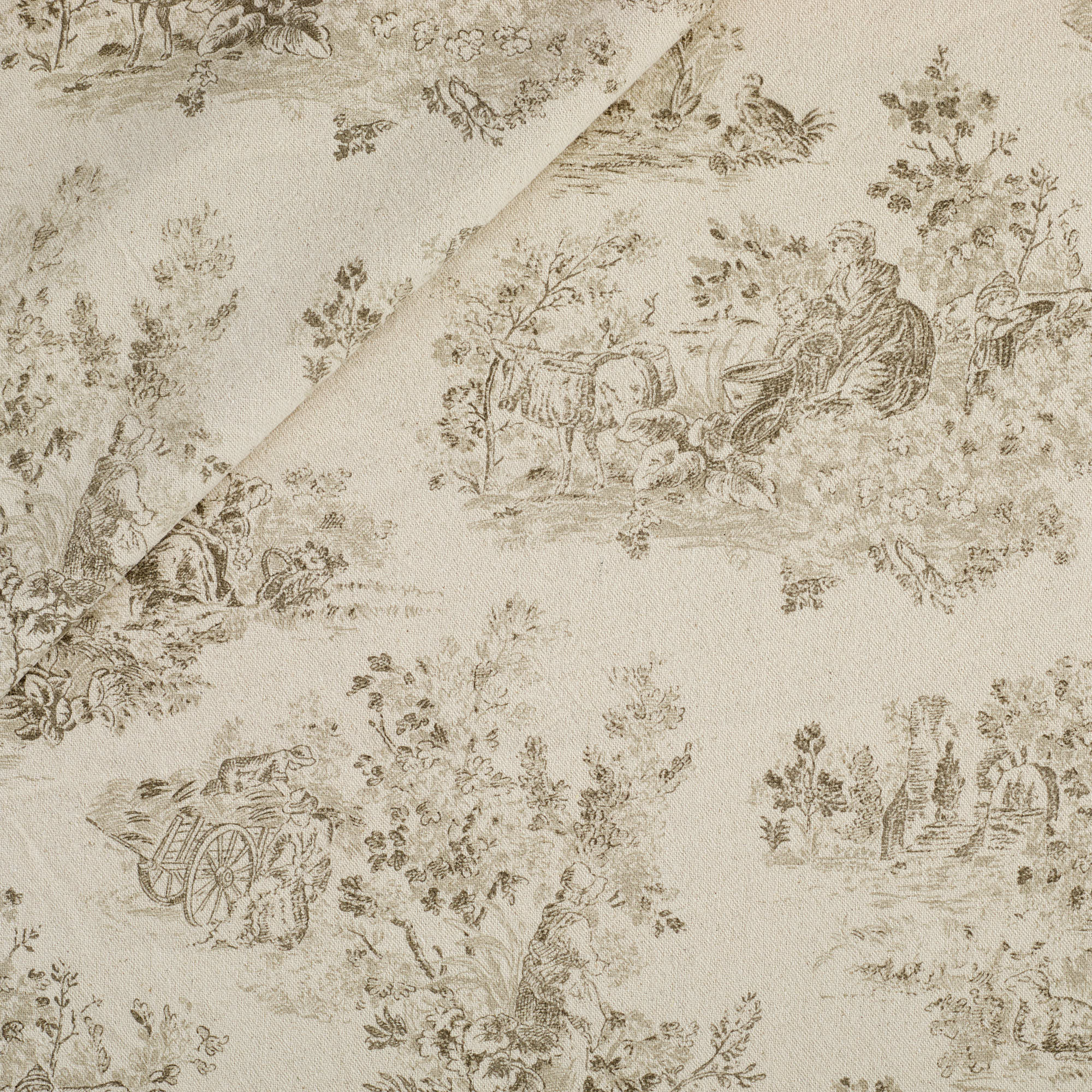 Tonic Living Colette Fabric in Portobello, a brown and natural French toile drapery fabric with scenic pastoral print.