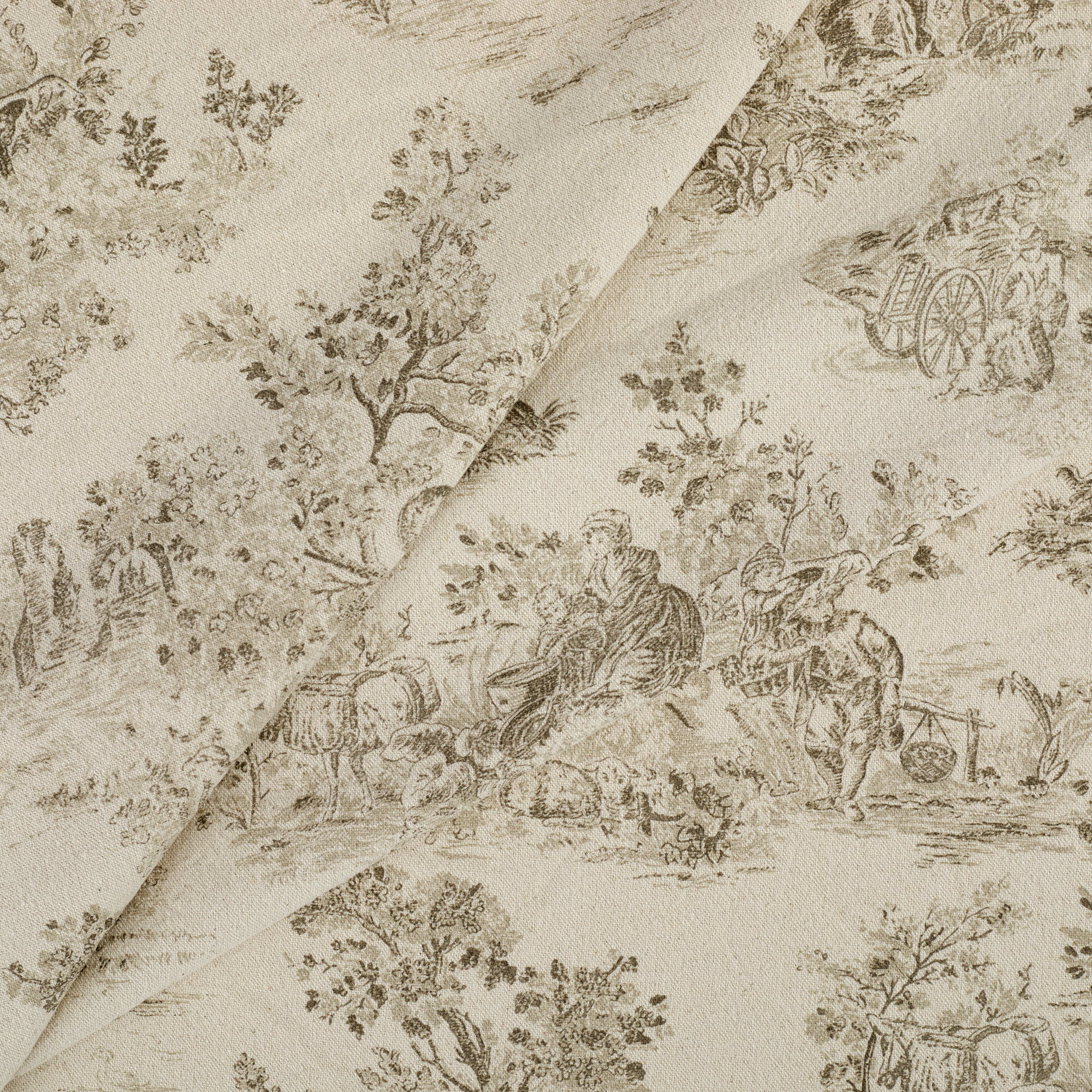 Tonic Living Colette Portobello drapery fabric with softly faded pastoral scenes in brown and natural tones.