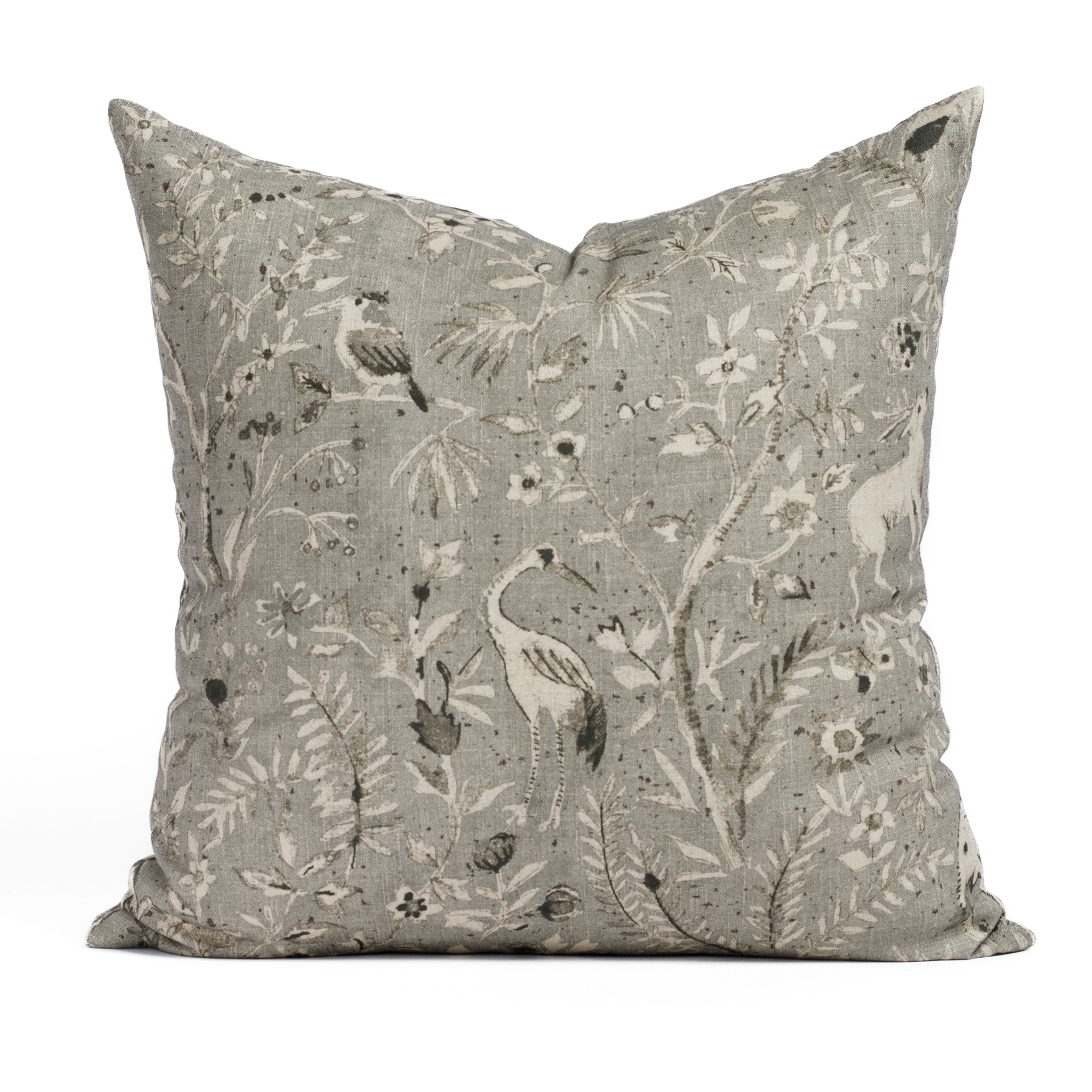 Tonic Living Cyprus 20x20 decorative throw pillow in smokey blue-grey with vintage flora and fauna print on textured linen