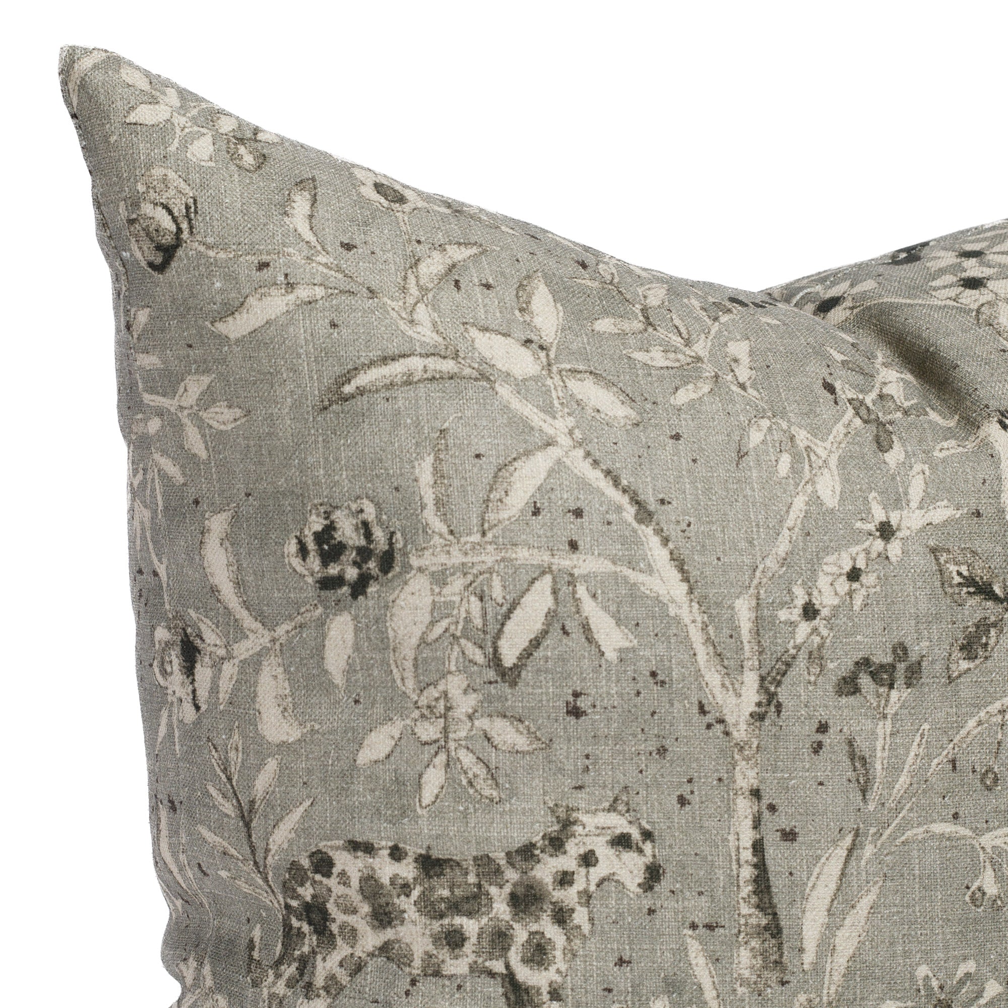 Tonic Living Cyprus cushion in smokey grey-blue, detailed flora and fauna pattern with animals and leaves on slubby linen