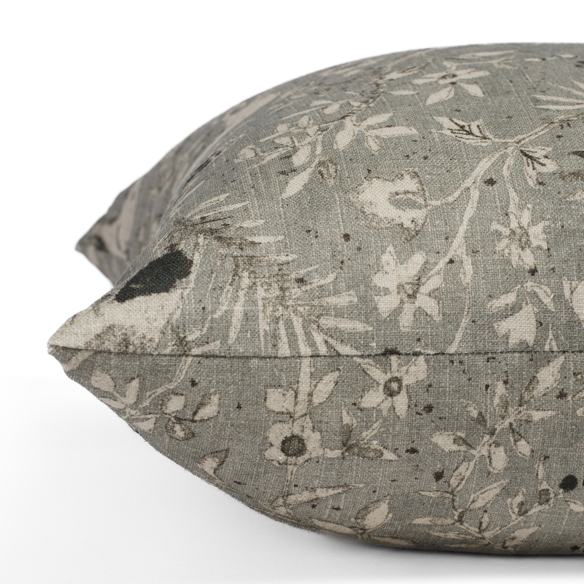 Tonic Living Cyprus smokey blue-grey decorative pillow with textured linen fabric and hand-drawn flora and fauna design
