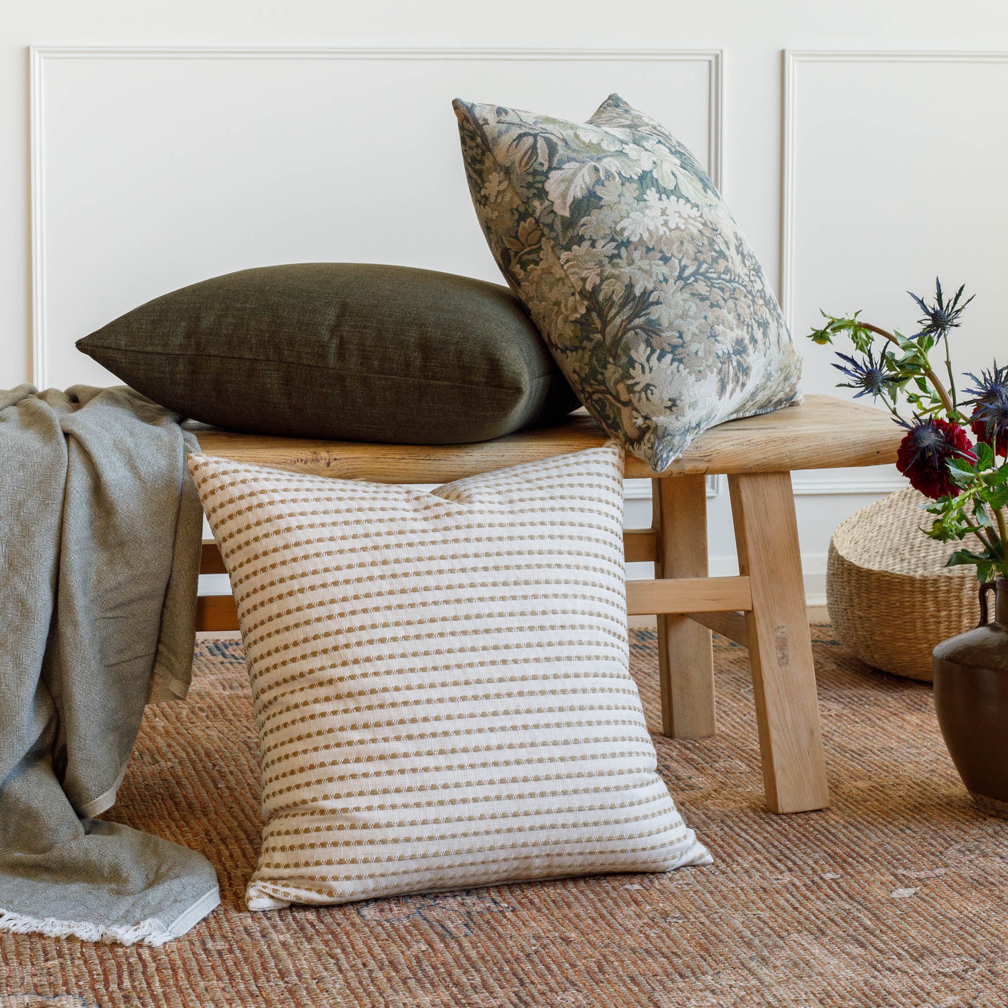 Styled Tonic Living pillows: Bedford Moss green, Manor Sage tapestry, and Dash Ochre decorative accent pillow.