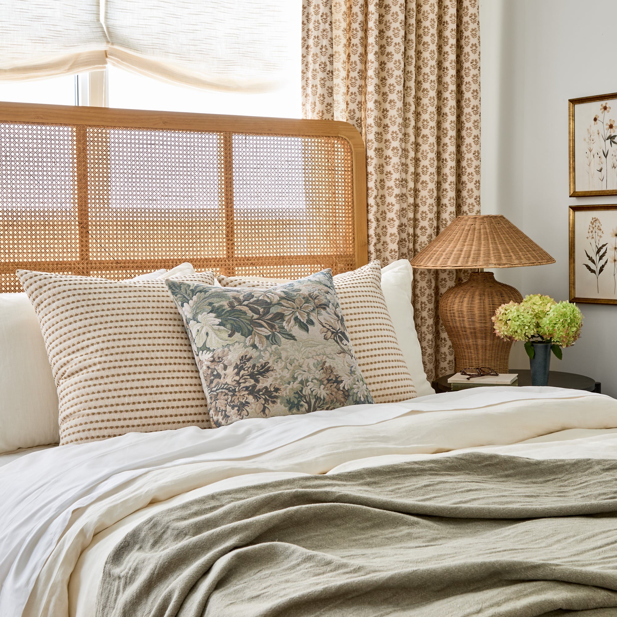Dash cream & brown striped 22x22 throw pillows styled on bed with Manor Tapestry Sage cushion from Tonic Living.