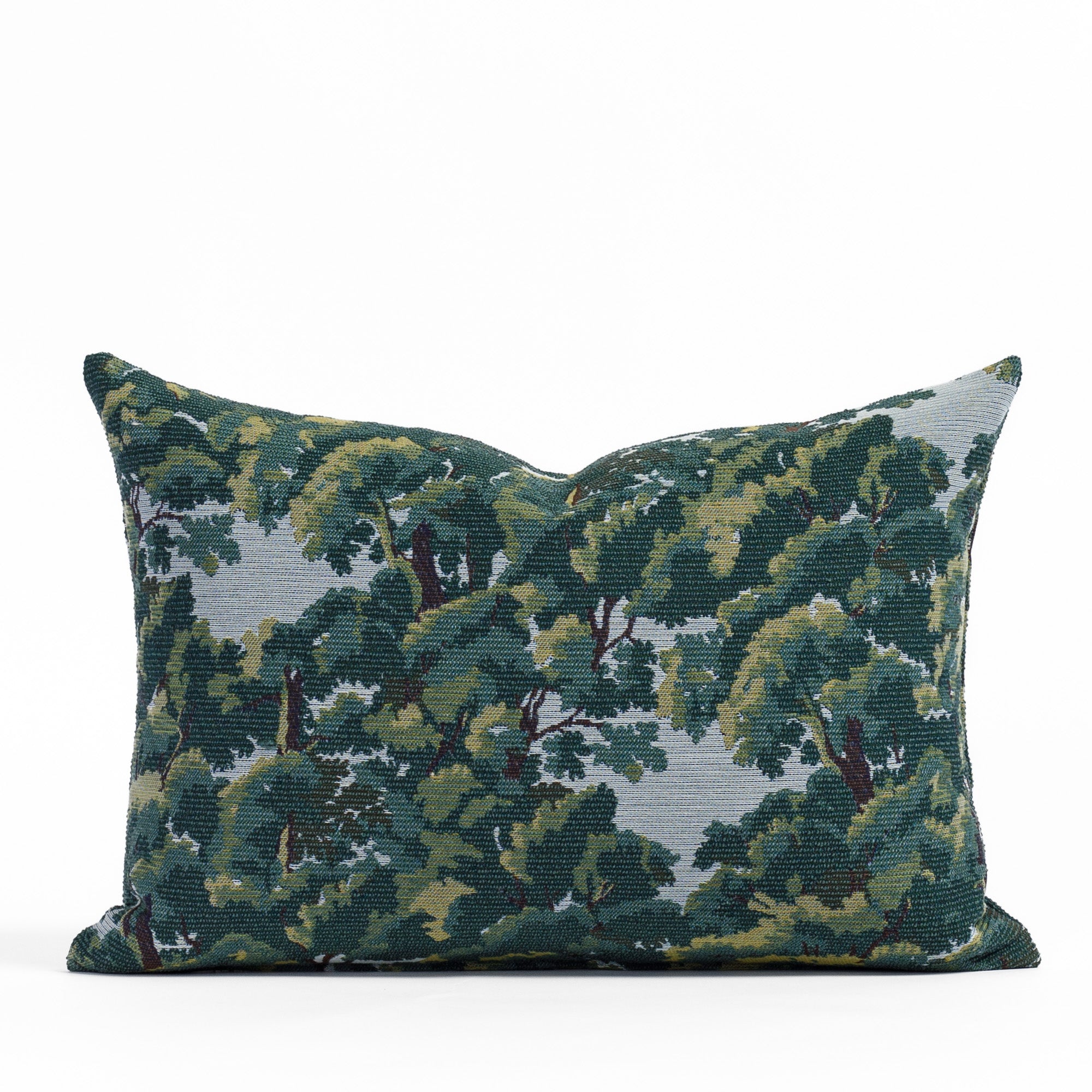 Elora 14x20 Lumbar Pillow, a heritage forest tapestry patterned lumbar pillow in an earthy palette of deep forest green, bark brown, and hazy sky blue