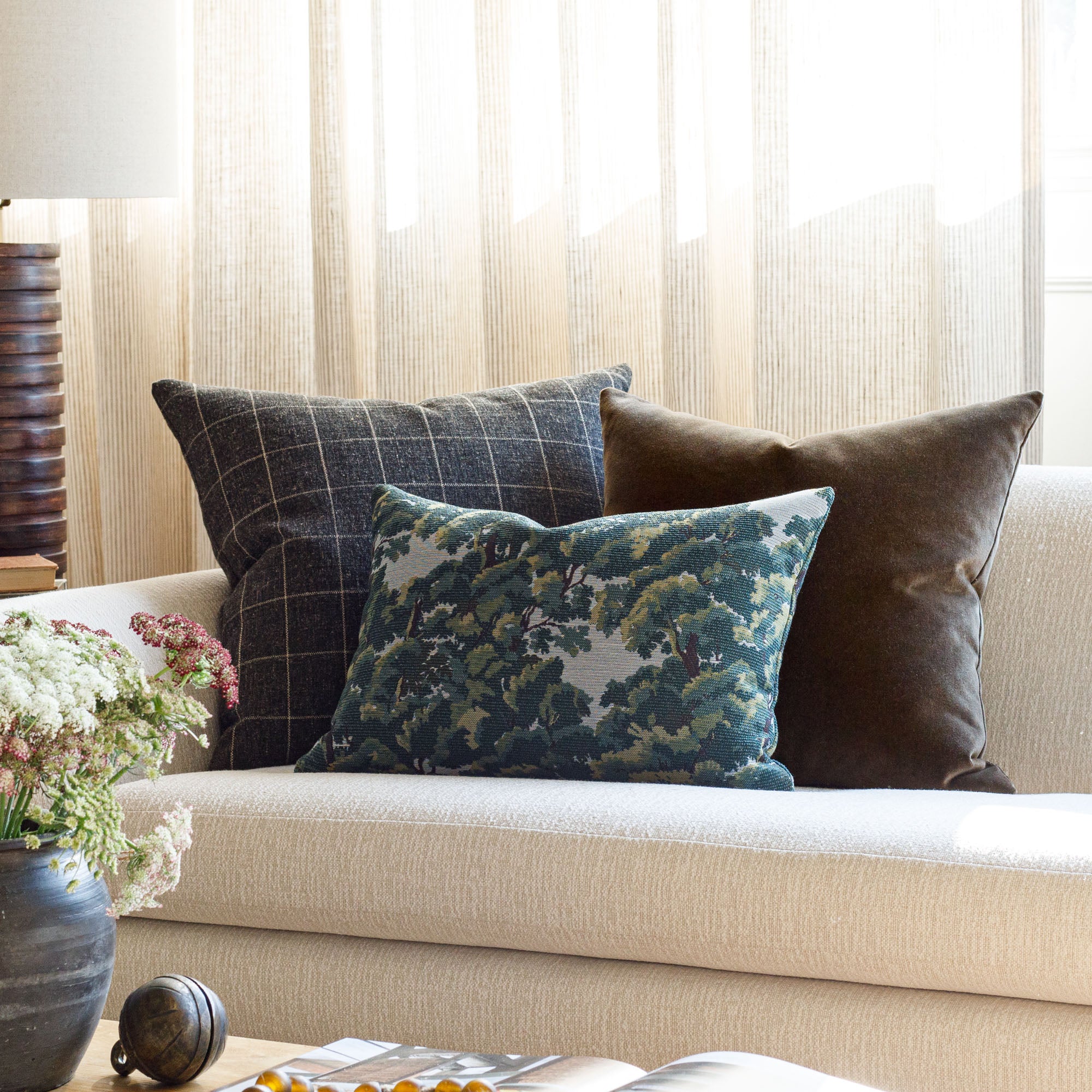 Earth toned pillow combo : Elora Forest greeen, Dundee Sable and Valentina Velvet truffle