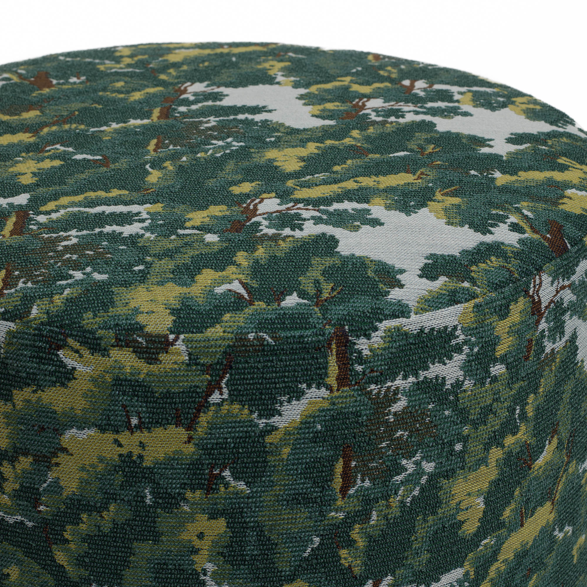 Textured view of the Elora round ottoman from Tonic Living, featuring a woven tapestry-inspired pattern in earthy, nature-inspired colours - shades of green, brown and light blue.