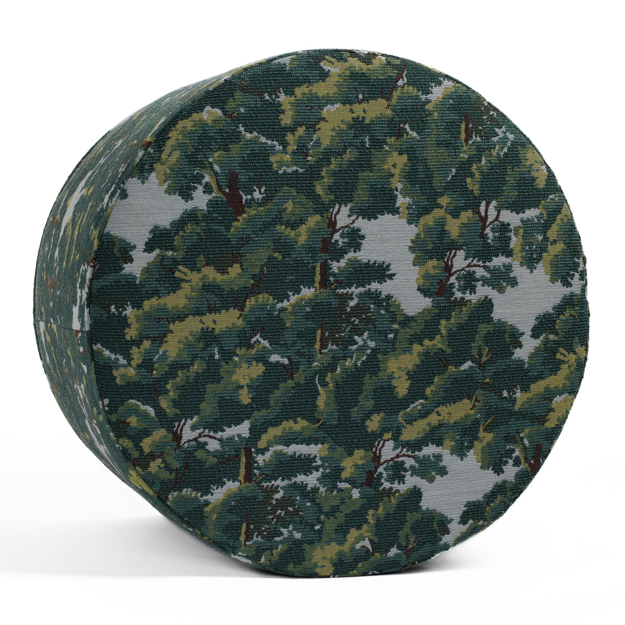 Top view of the Elora Forest Green round ottoman from Tonic Living, highlighting its circular shape and intricate upholstery pattern.