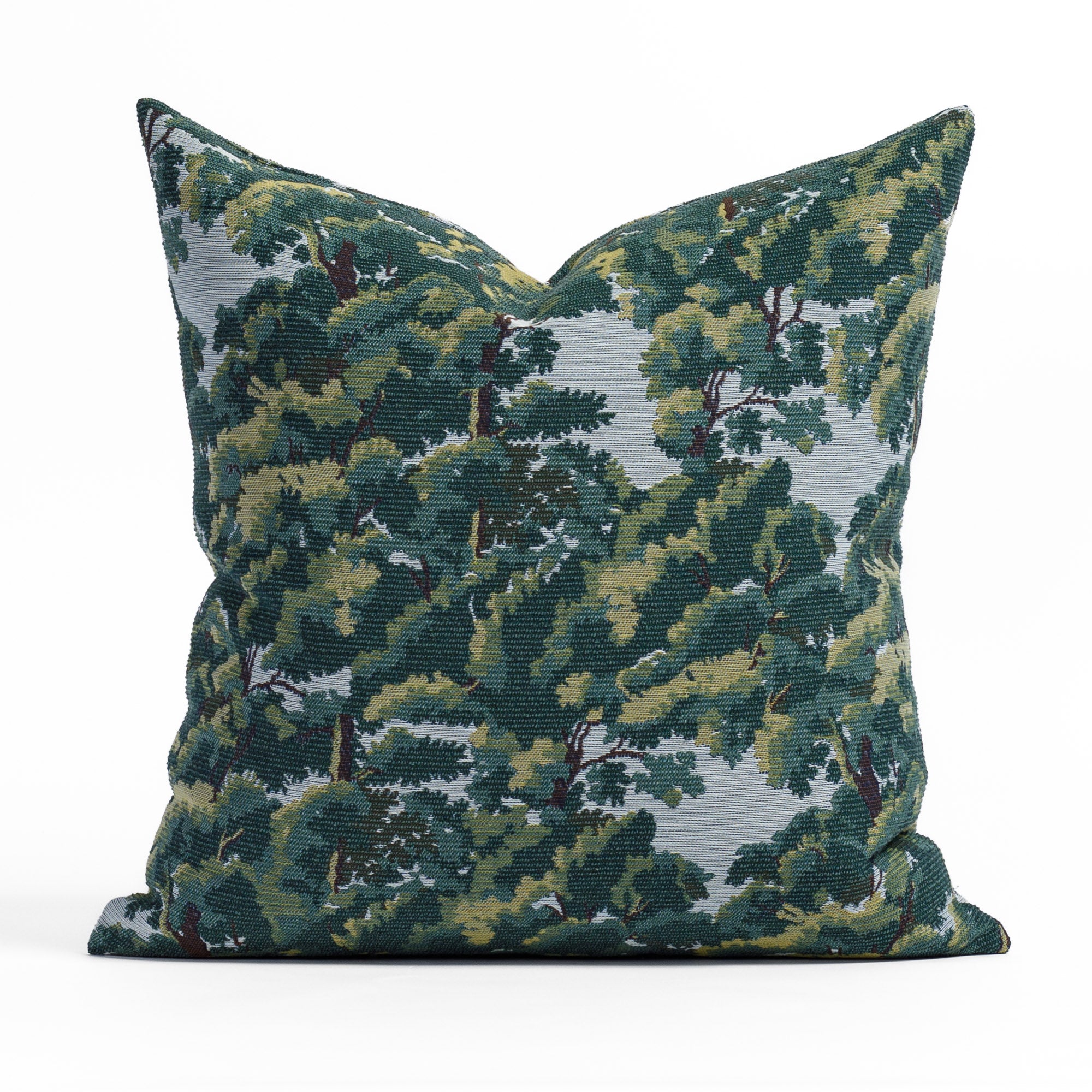 Elora 20x20 Pillow, a heritage forest tapestry patterned throw pillow in an earthy palette of deep forest green, bark brown, and hazy sky blue
