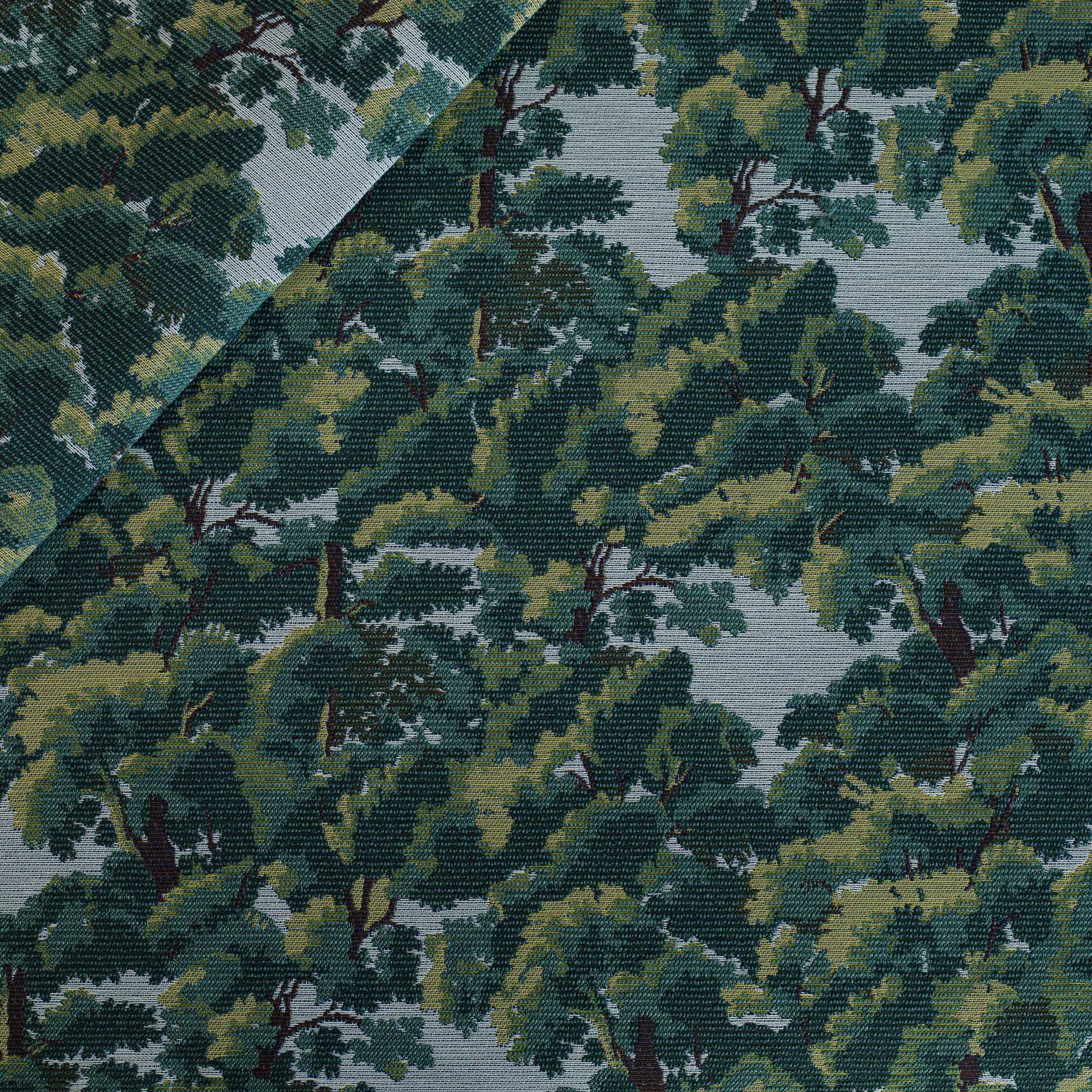 a vintage forest tapestry patterned jacquard upholstery fabric in forest green, earthy bark brown and hazy sky blue colours