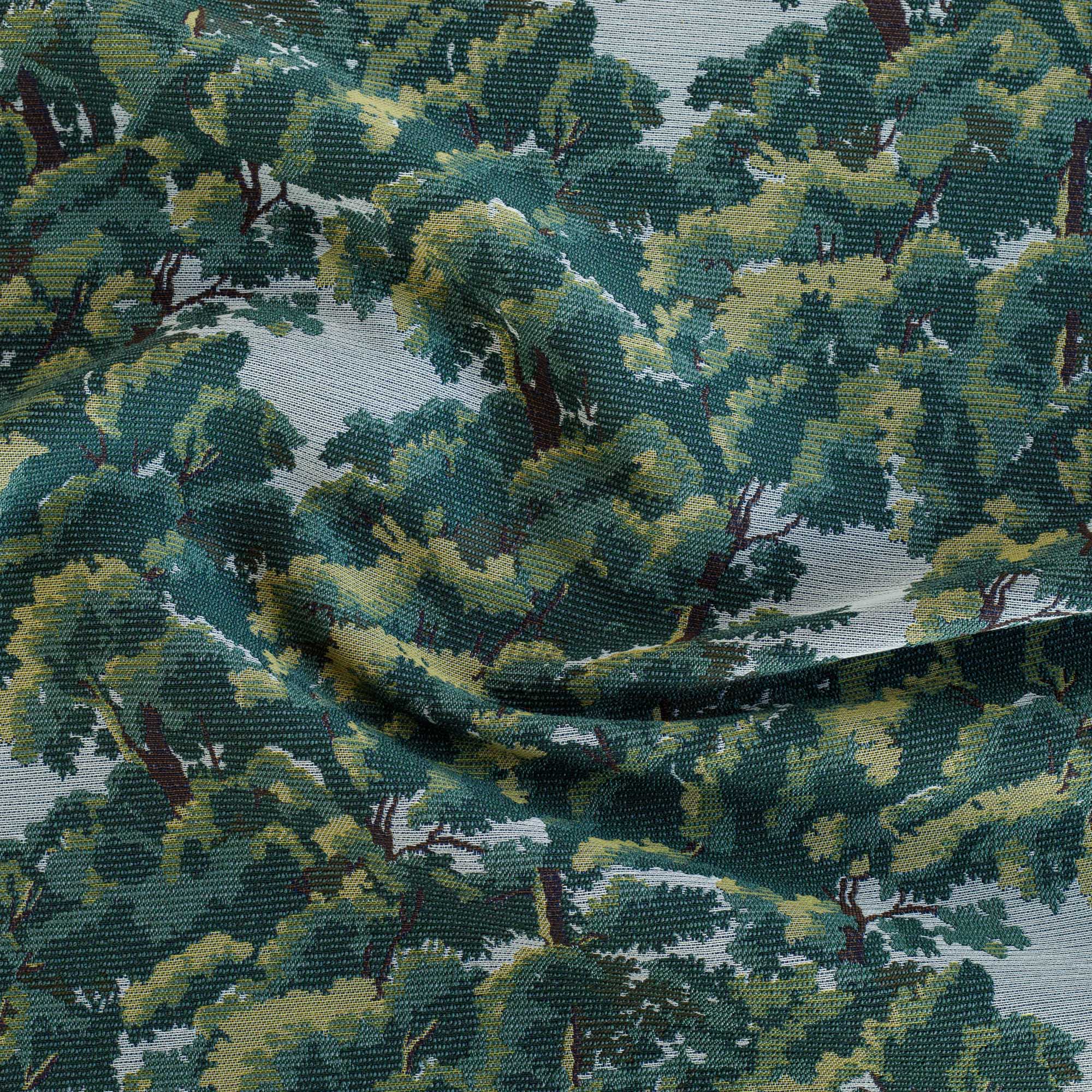 Elora Fabric Forest Green, a forest vintage tapestry patterned jacquard home decor fabric from Tonic Living