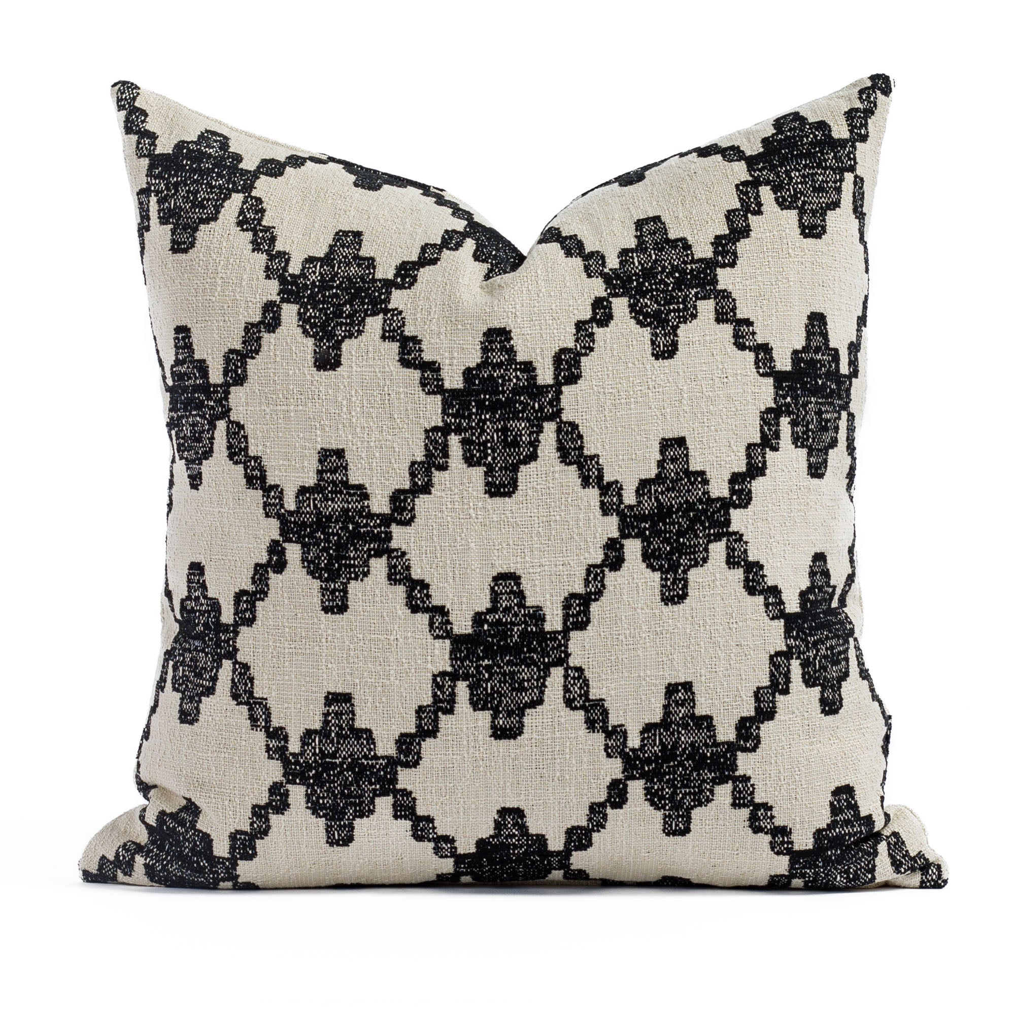 Fez 20x20 Carbon, a black and burlap diamond trellis global patterned pillow from Tonic Living