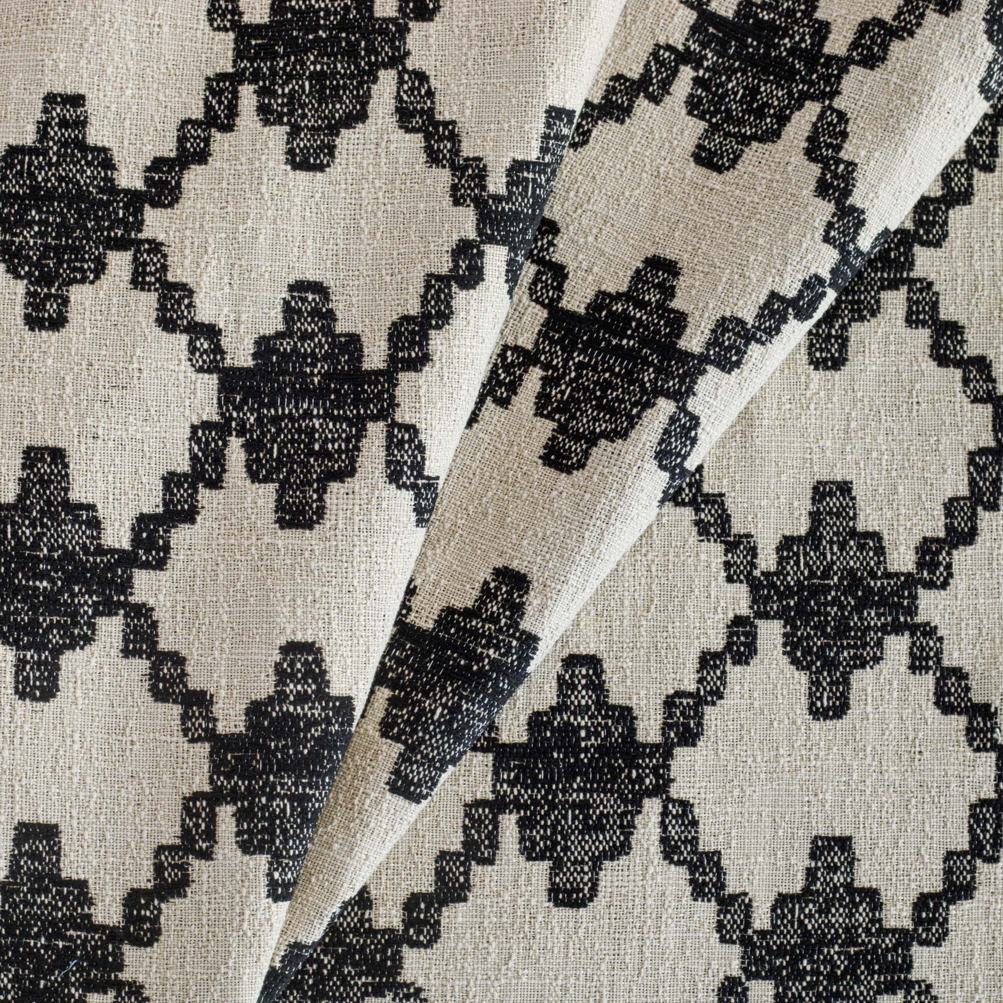 Fez InsideOut Fabric Carbon, a black and burlap beige abstract geometric patterned outdoor upholstery fabric from Tonic Living